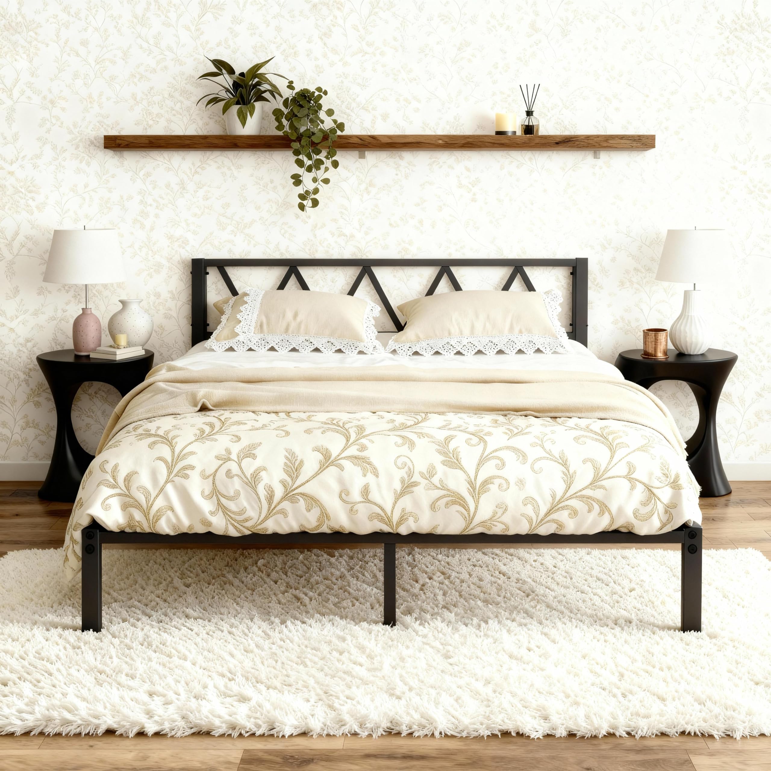 MOFLUT King Size Metal Bed Frame with Headboard and Storage – Black