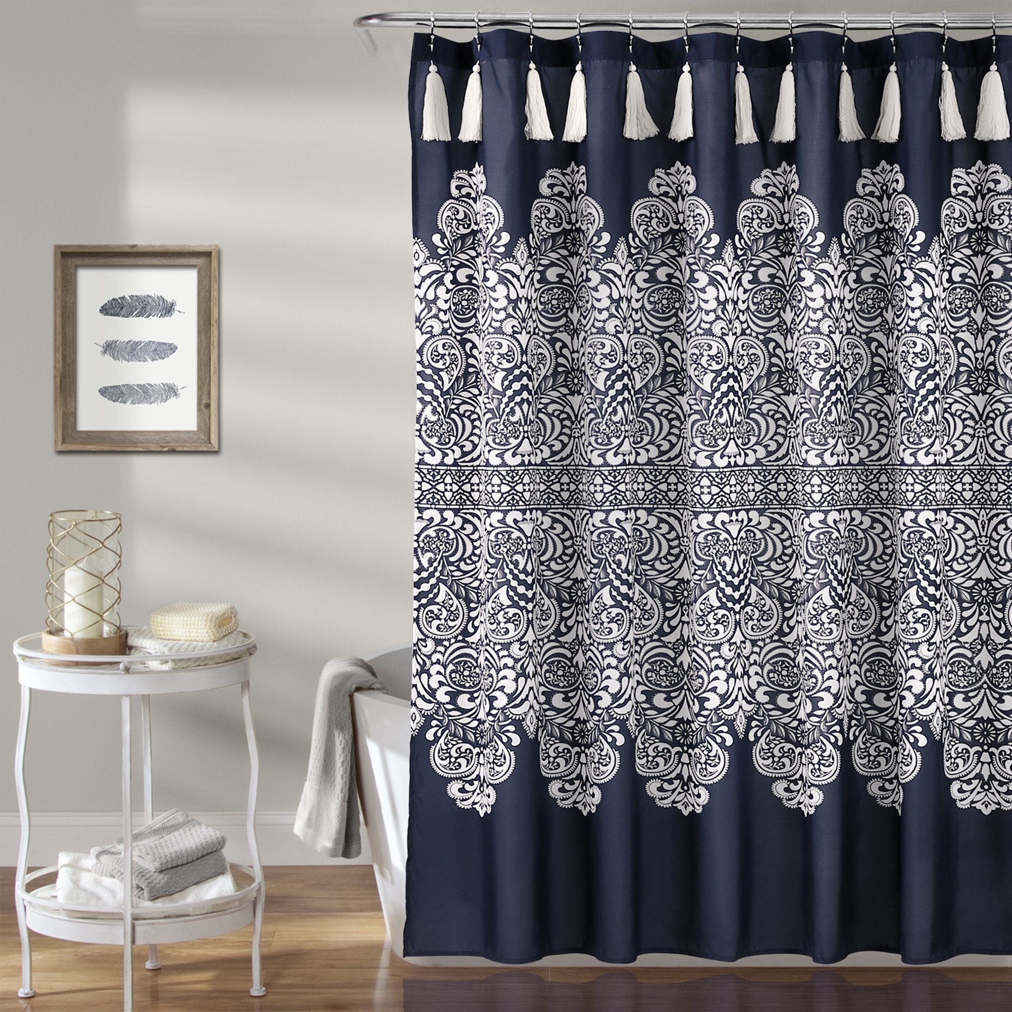 Lush Decor Navy Boho Medallion Fabric Shower Curtain with Tassels