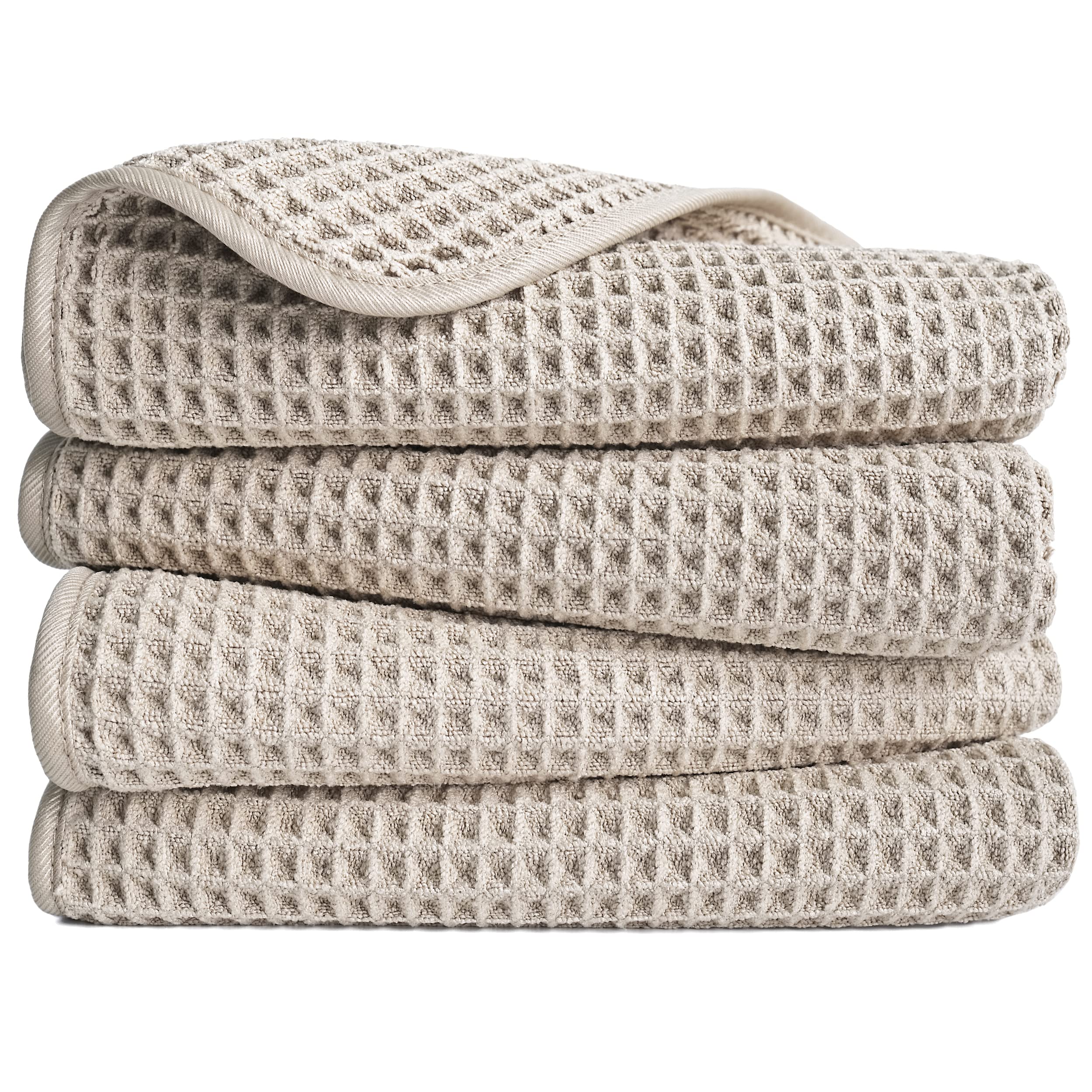 Polyte Microfiber Hand Towels | 4 Pack Waffle Weave Quick Dry – Beige