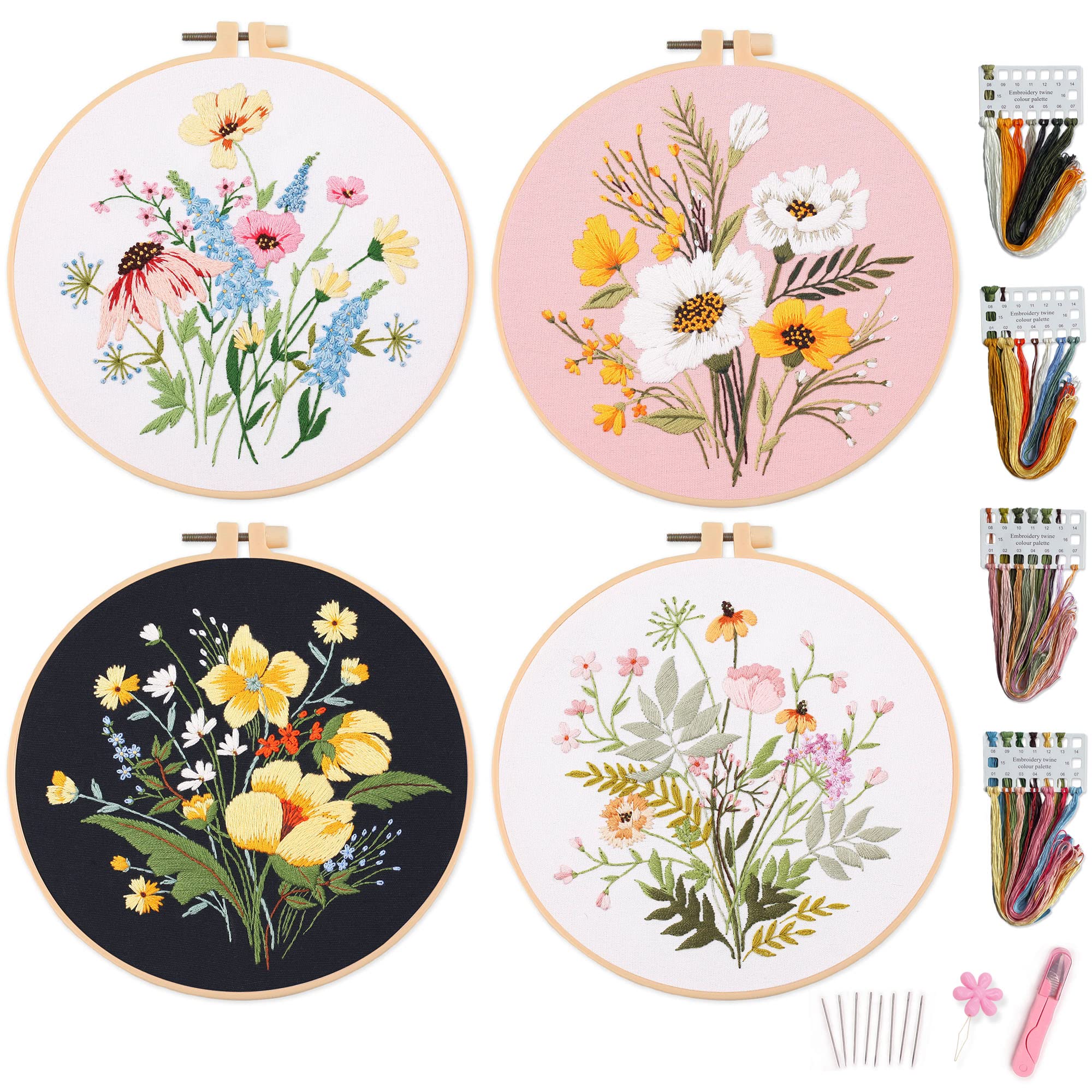 Myfelicity Floral Embroidery Kit for Beginners – 4 Pack DIY Needlework Set