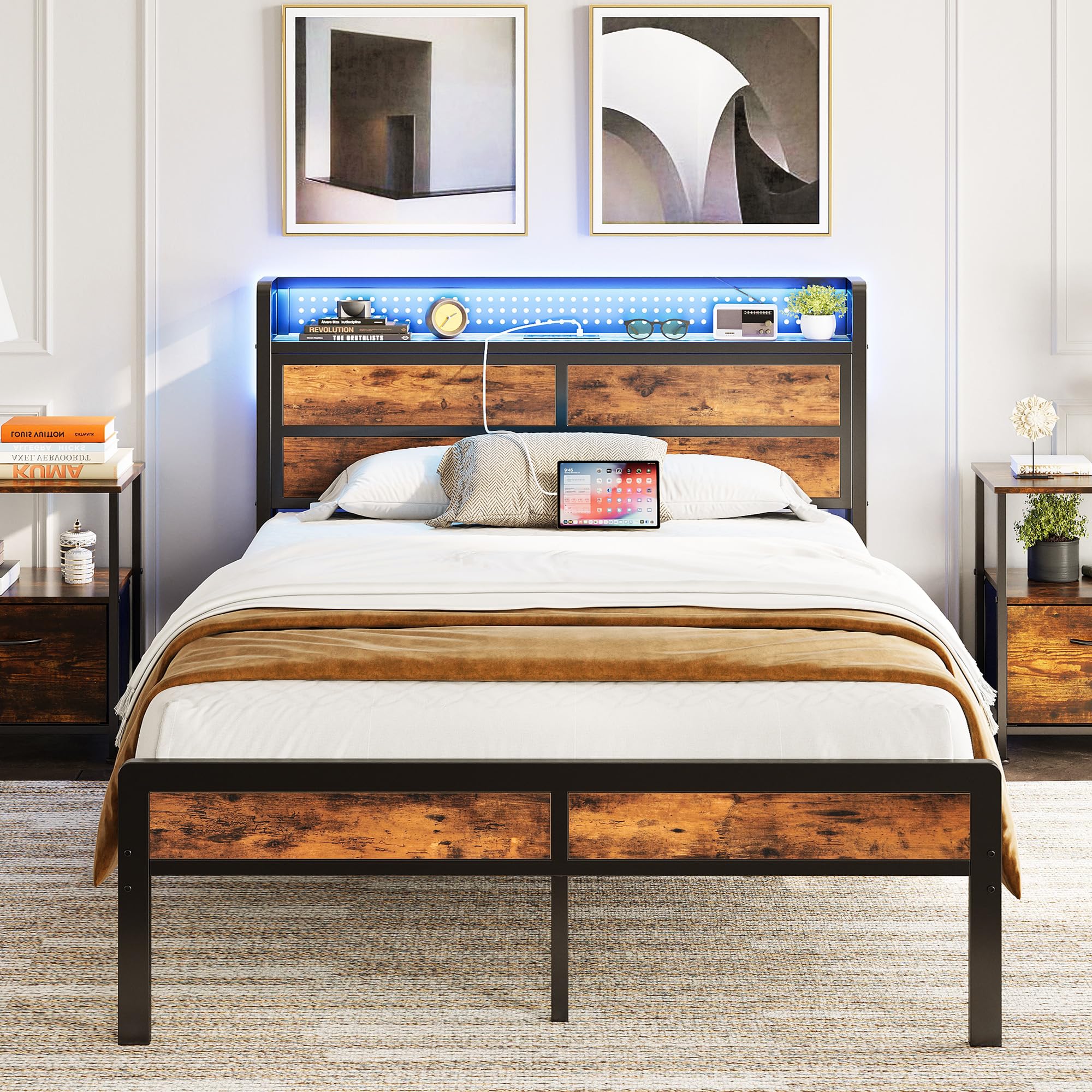 IRONCK Double Metal Platform Bed Frame with LED Storage Headboard