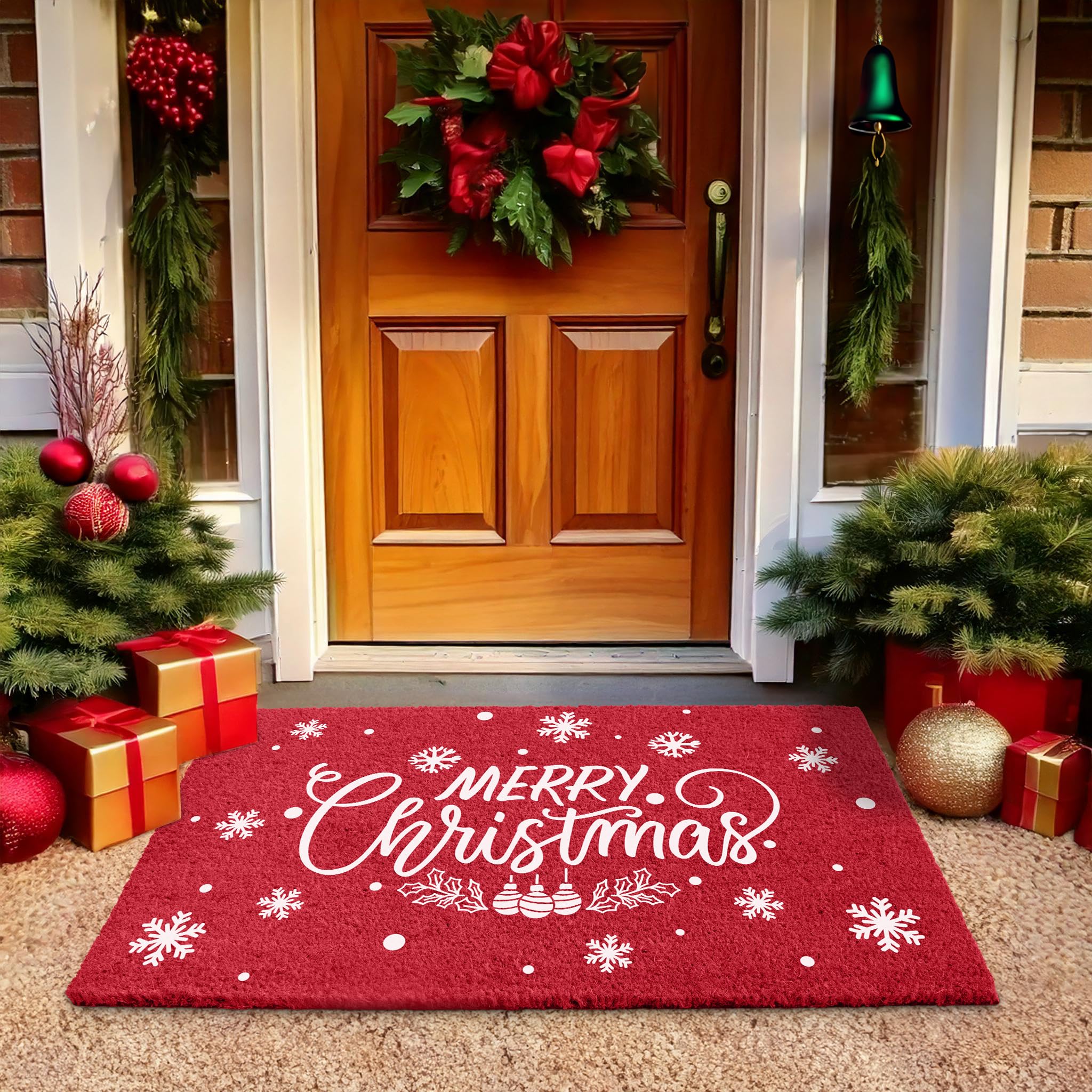LuxUrux Merry Christmas Coir Door Mat – Non-Slip Outdoor Entryway Rug