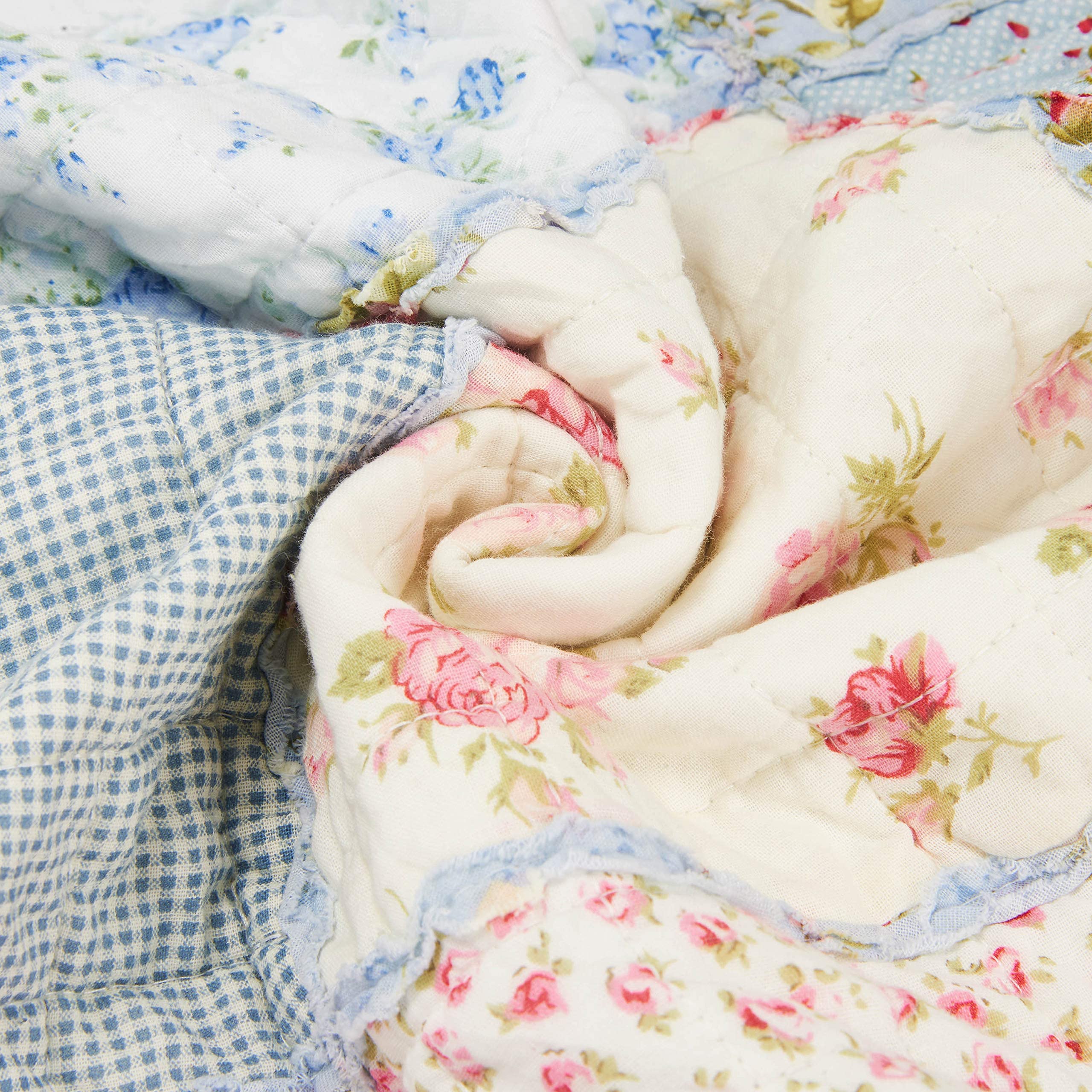 Qucover Single Patchwork Quilt – Blue Floral Cotton Bedspread 150x200cm