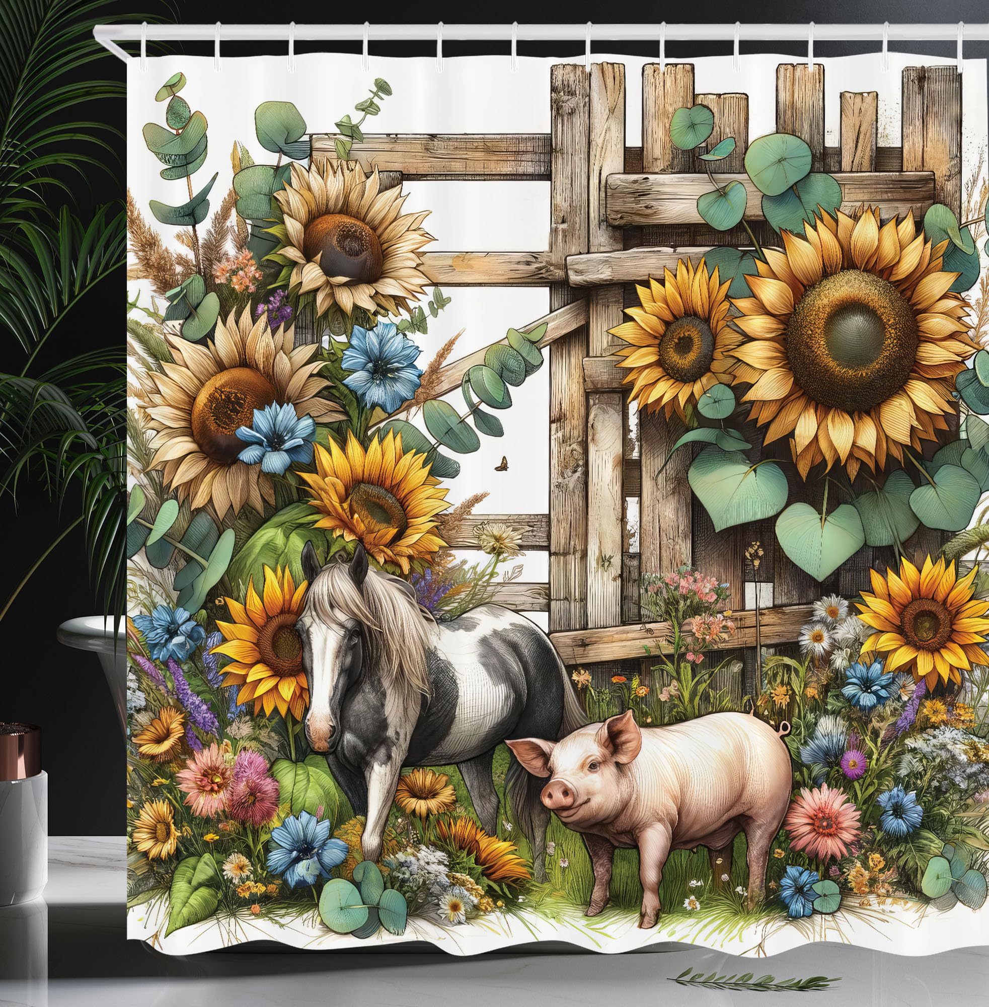 Abakuhaus Rustic Farm Pig & Horse Shower Curtain | Waterproof Fabric Decor
