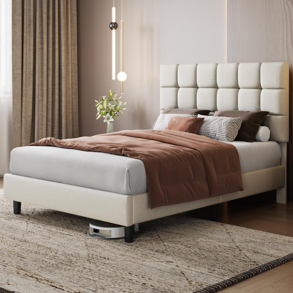 Yaheetech 4ft6 Double Bed Frame, Upholstered Headboard, Beige - image 3