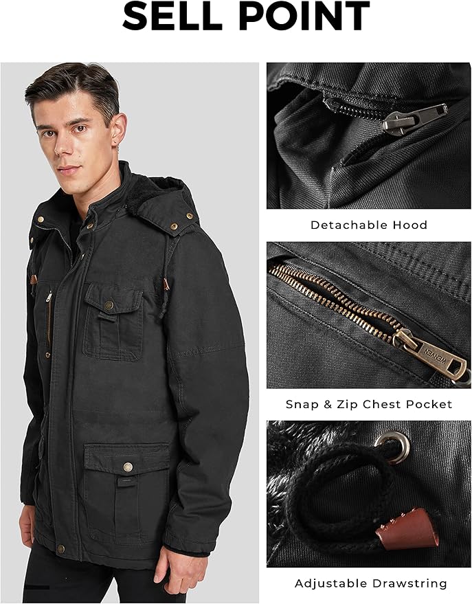 WenVen Men's Winter Parka – Thick Fleece Lined Hooded Cotton Jacket