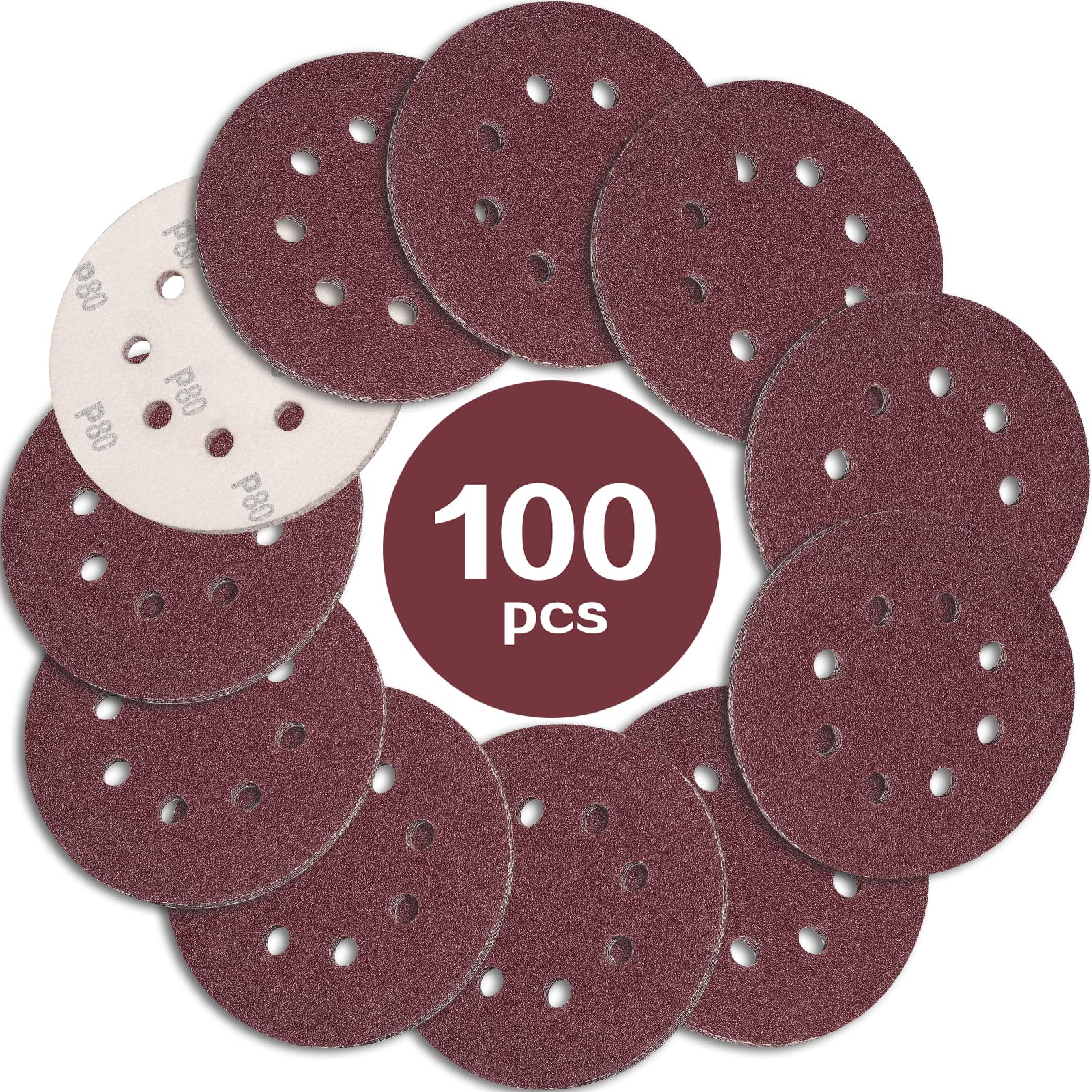 STEBRUAM 100PCS 5 Inch 80 Grit Sanding Discs for Orbital Sander