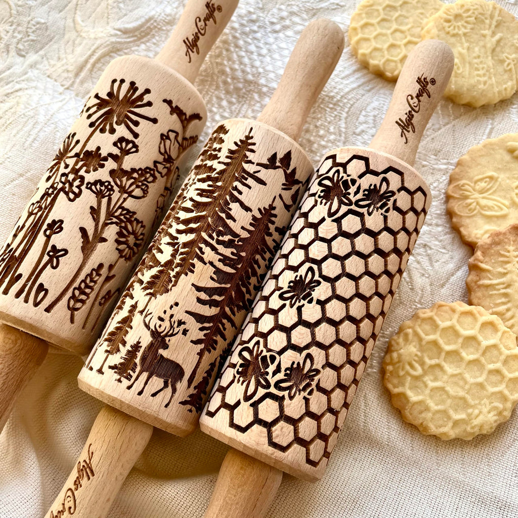 Mini Embossed Rolling Pin Set – 3 Piece Beech Wood Cookie Roller
