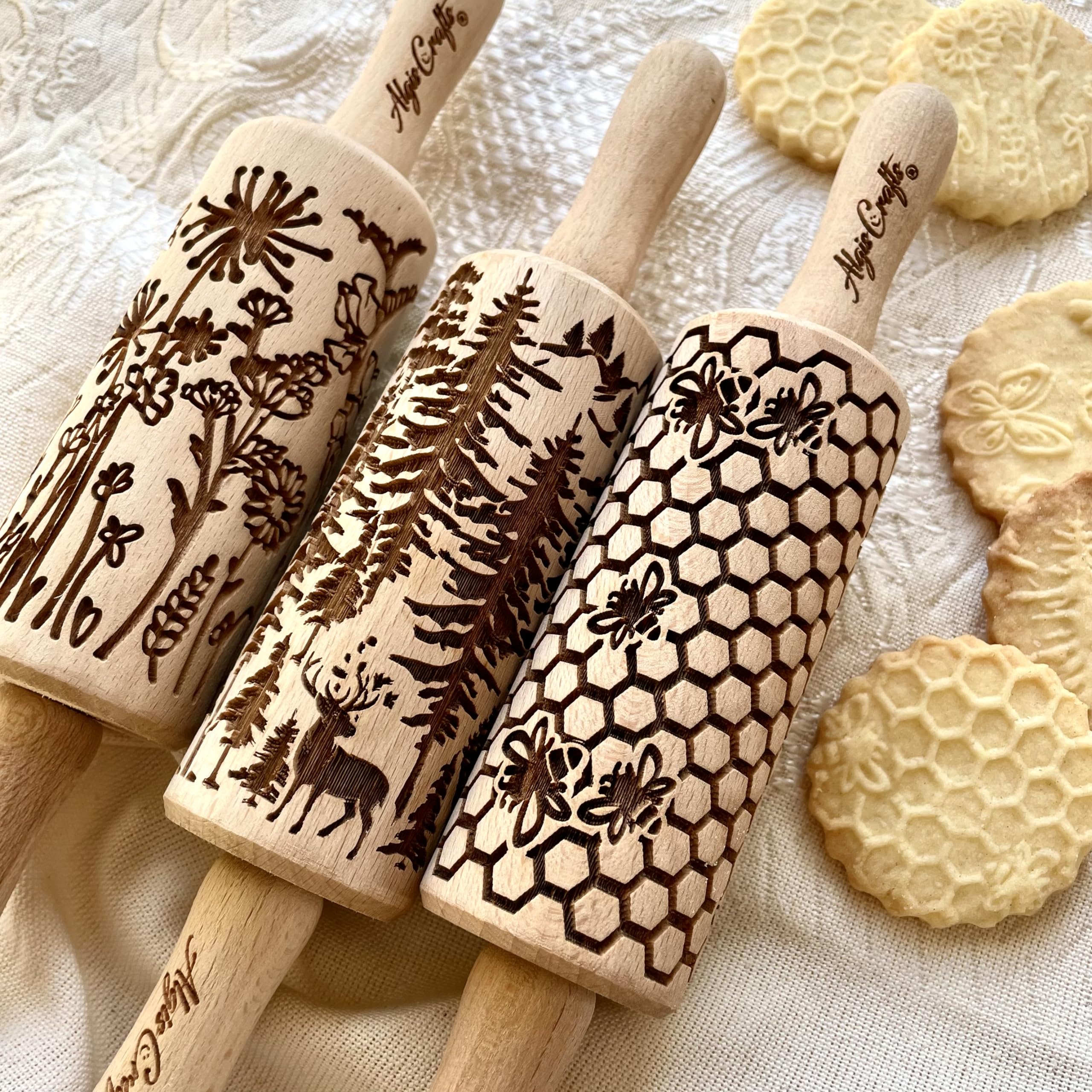 Mini Embossed Rolling Pin Set – 3 Piece Beech Wood Cookie Roller