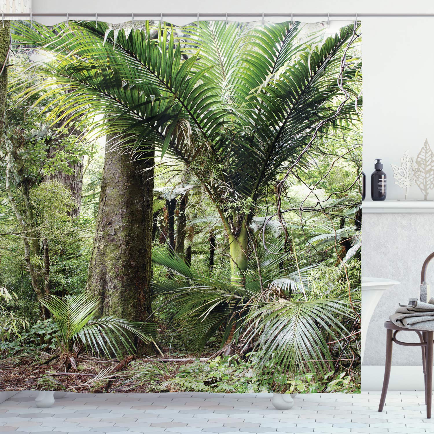 ABAKUHAUS Forest Shower Curtain | Tropical Jungle Fabric Decor | 94" x 69"