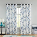 Beauoop Navy Blue Floral Semi Sheer Curtains – Linen Textured 2 Panels