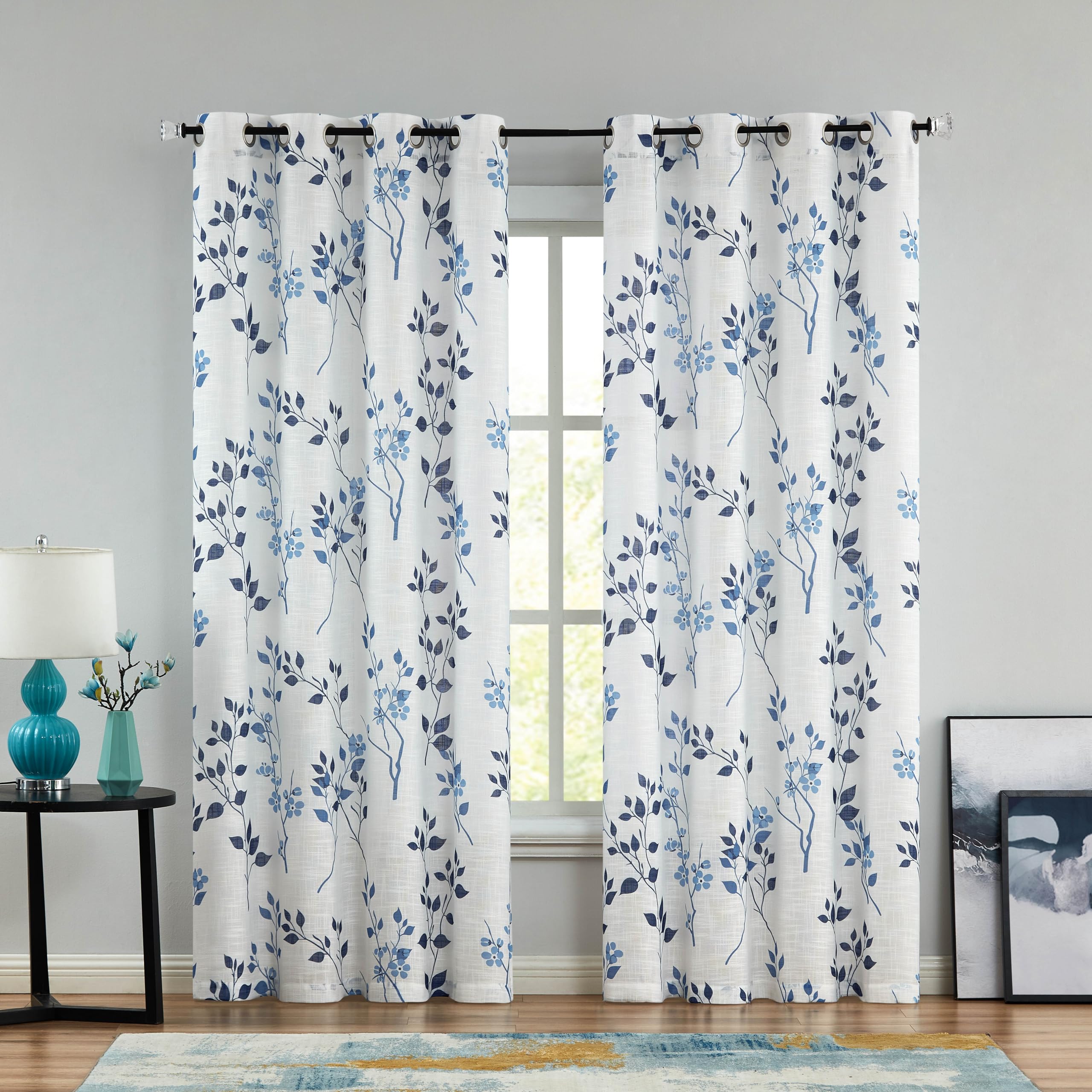 Beauoop Navy Blue Floral Semi Sheer Curtains – Linen Textured 2 Panels