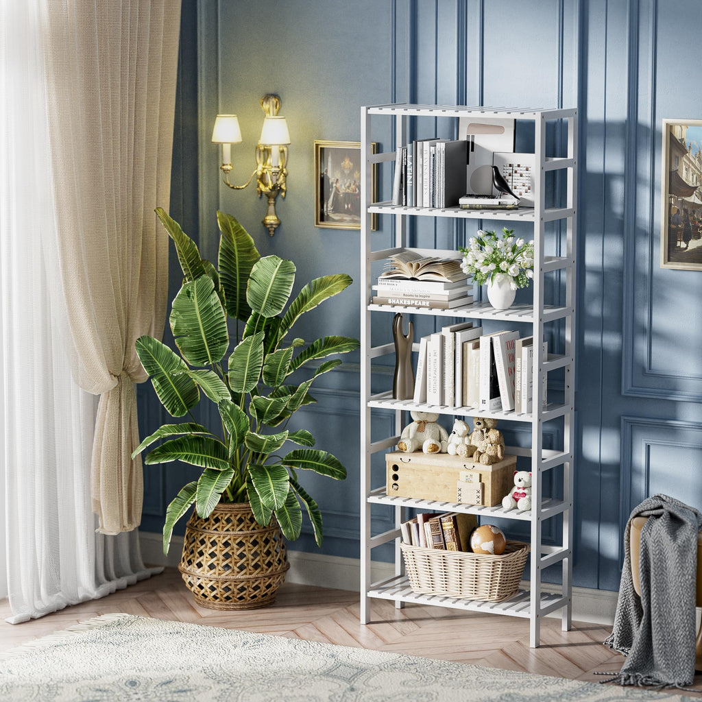 HITNET 6-Tier Bamboo Bookshelf | White Adjustable Tall Storage Display Stand