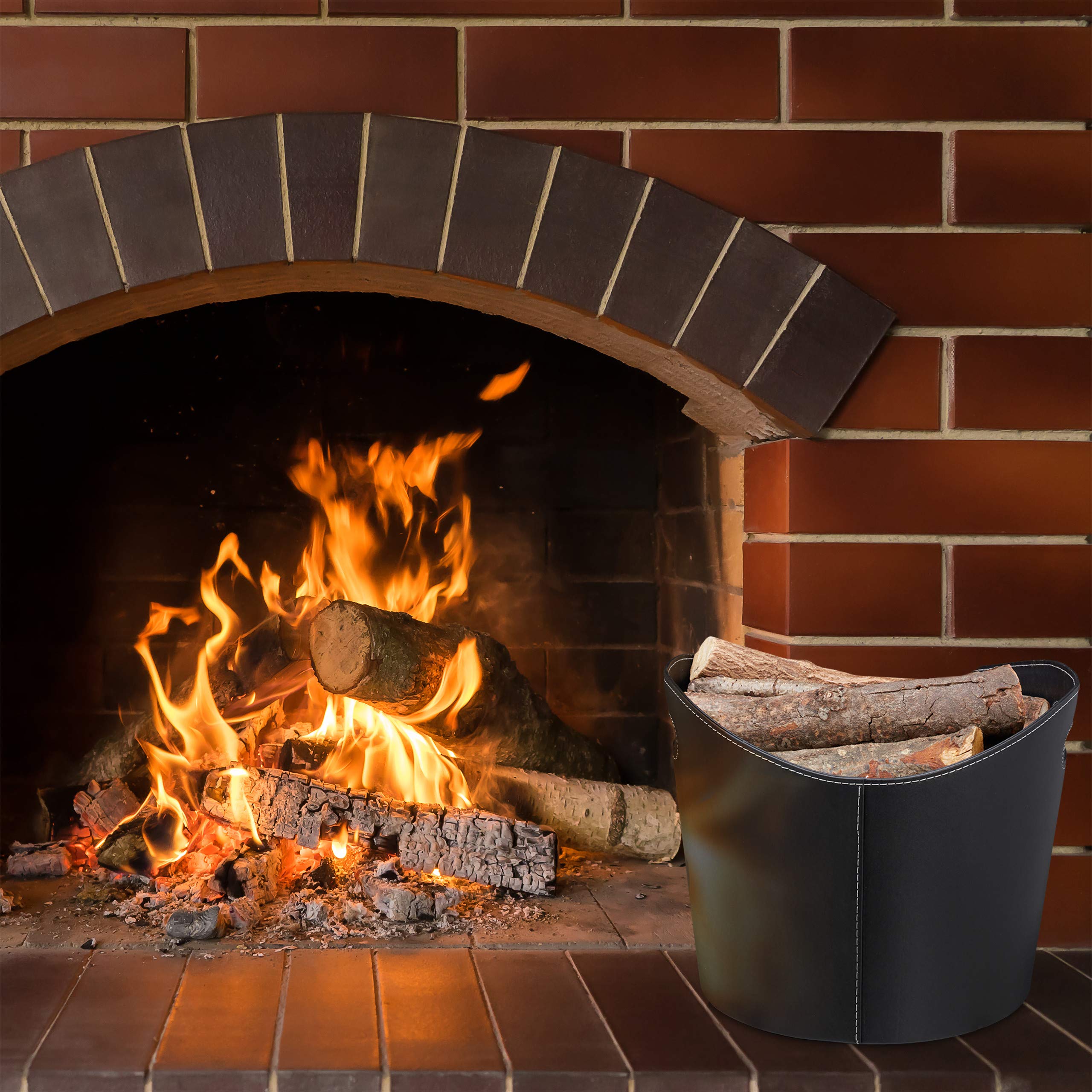Relaxdays Faux Leather Firewood Basket – Sturdy Log Storage Bin, Black