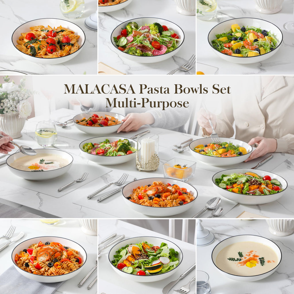 MALACASA Large Pasta Bowls Set of 6 – 42oz White Ceramic Serving Bowls
