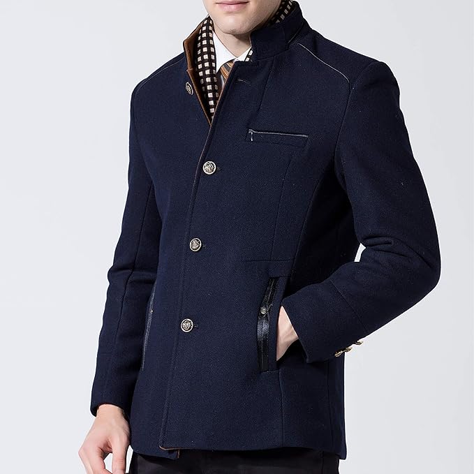 Biutimarden Men's Navy Blue Wool Winter Coat with Scarf | Size M