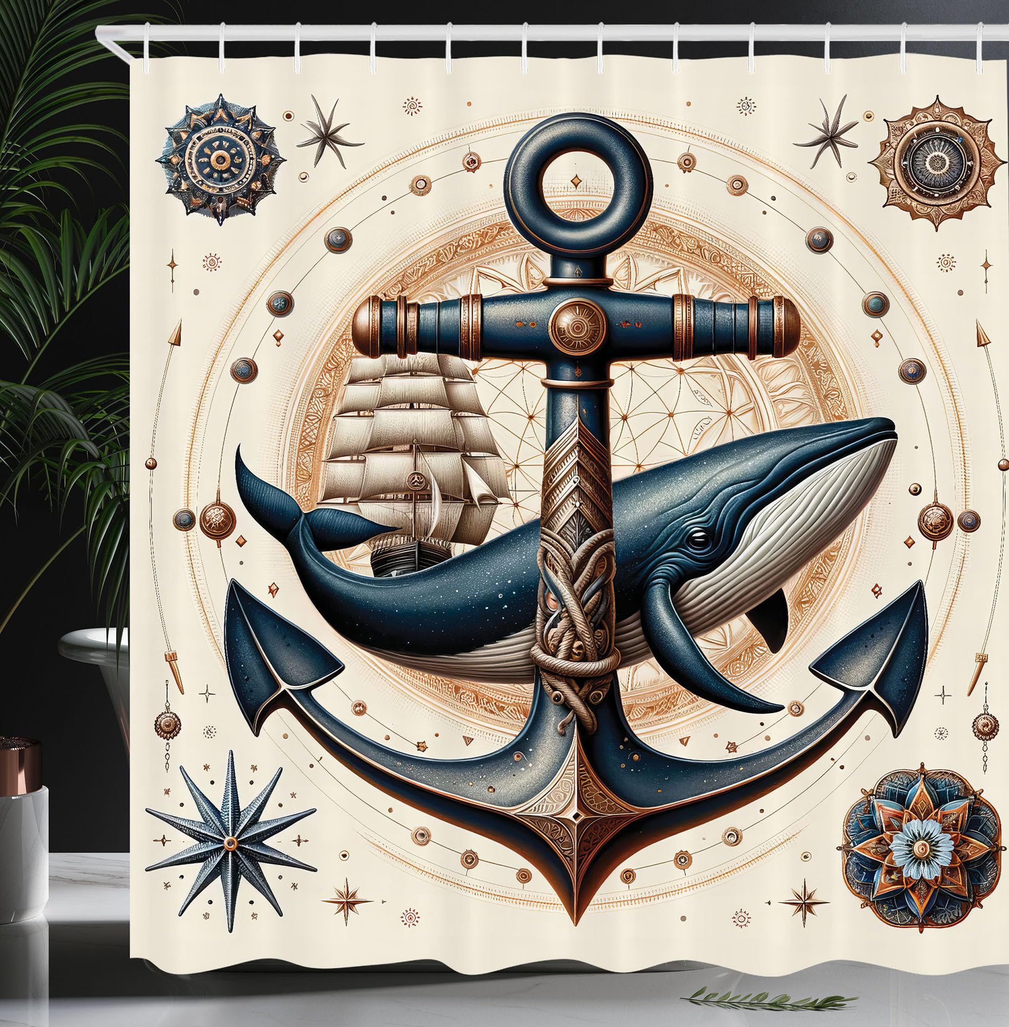 Abakuhaus Nautical Fabric Shower Curtain | Mandala Marine Decor | 175x200cm