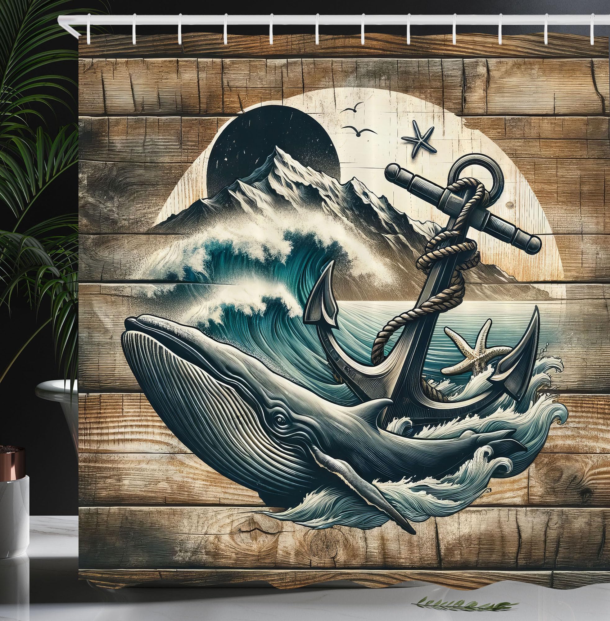 ABAKUHAUS Nautical Shower Curtain | Waterproof Turkish Fabric – 175 x 200 cm