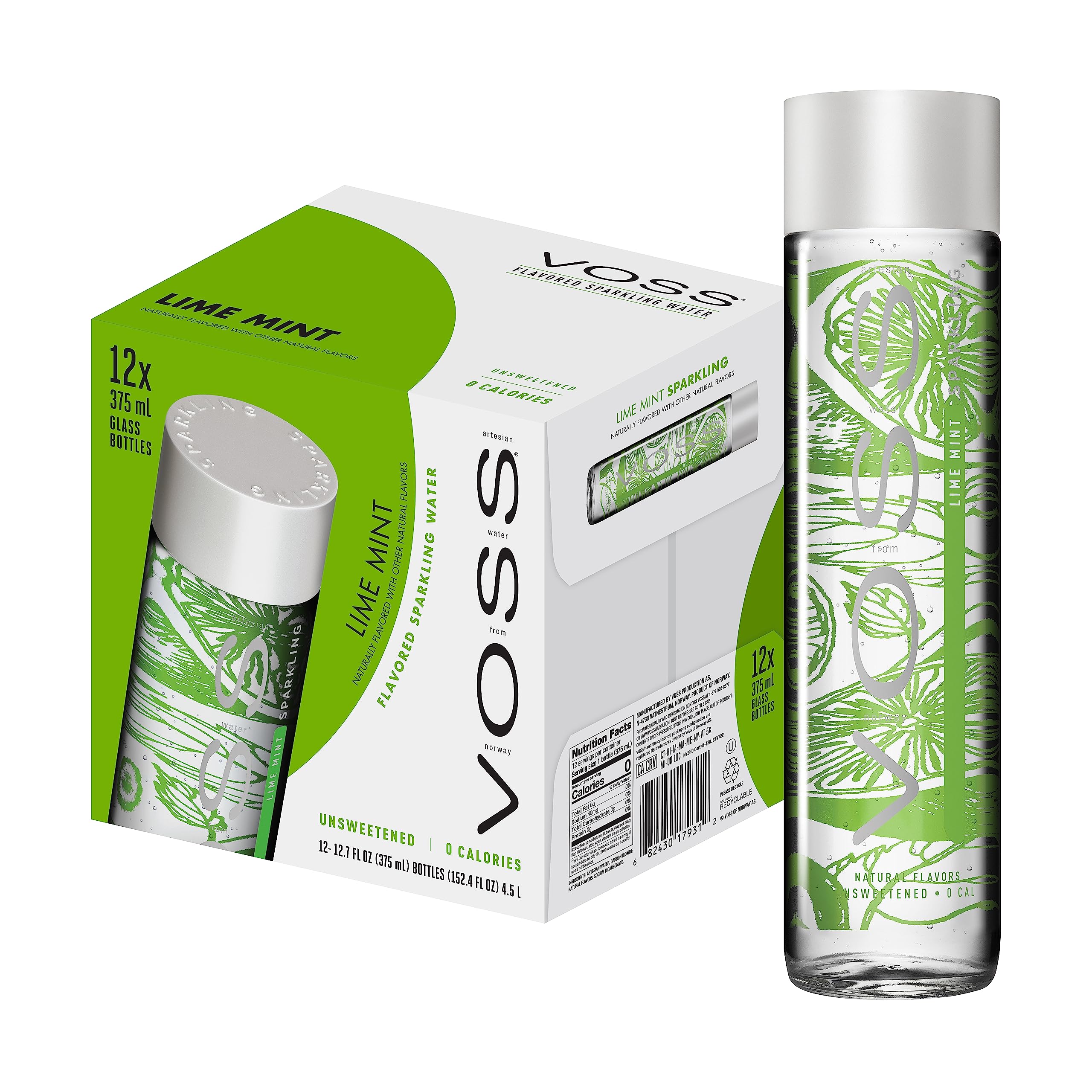 VOSS Lime Mint Sparkling Water – 12 x 375ml Glass Bottles – Zero Sugar