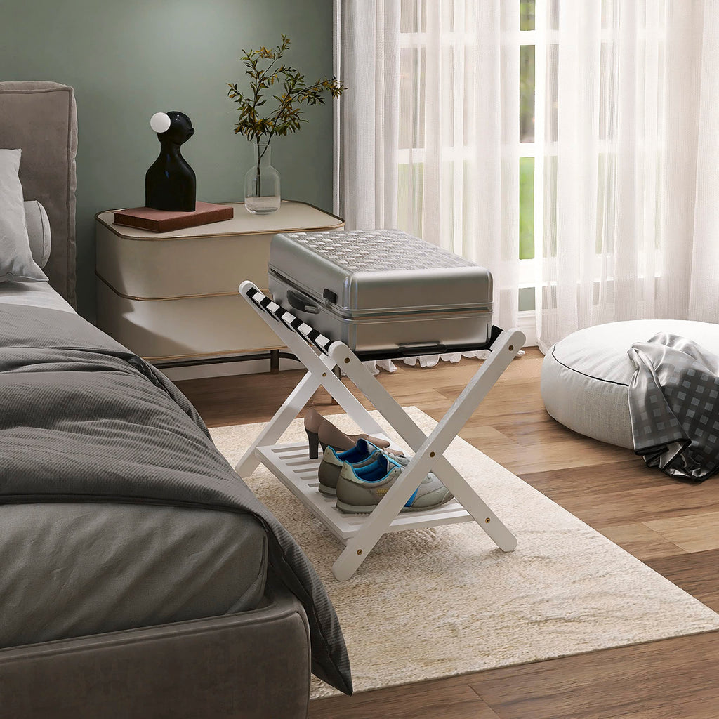 SMIBUY Foldable Bamboo Luggage Rack with Storage Shelf - White Suitcase Stand
