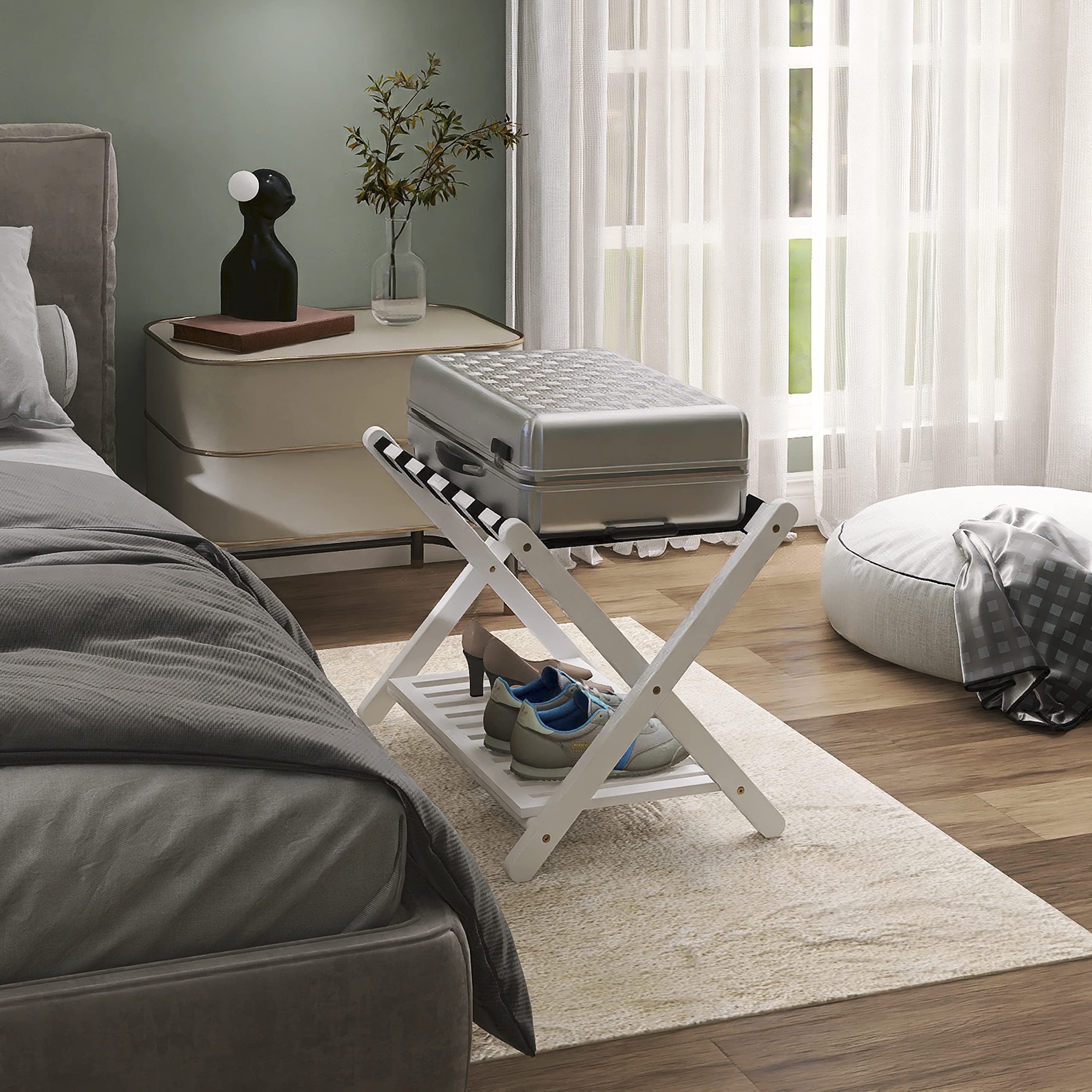 SMIBUY Foldable Bamboo Luggage Rack with Storage Shelf - White Suitcase Stand