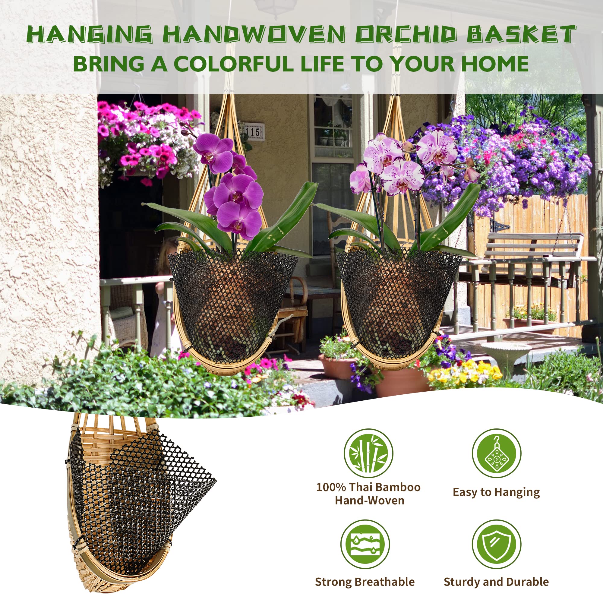 Lanccona 5-Inch Bamboo Orchid Hanging Planter – 6 Pack Hand-Woven Baskets