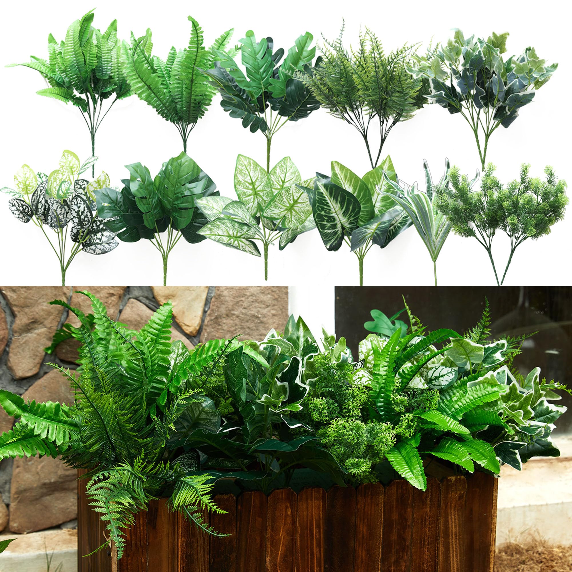 Party Joy 14 Pcs Artificial Outdoor Plants | UV Resistant Fake Bushes