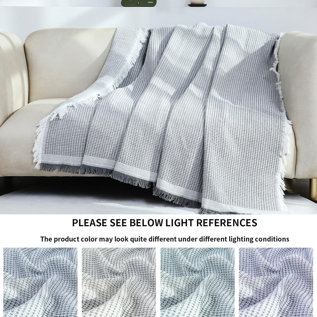 VANJOROY Waffle Cotton Sofa Throw Blanket with Tassels – Light Grey