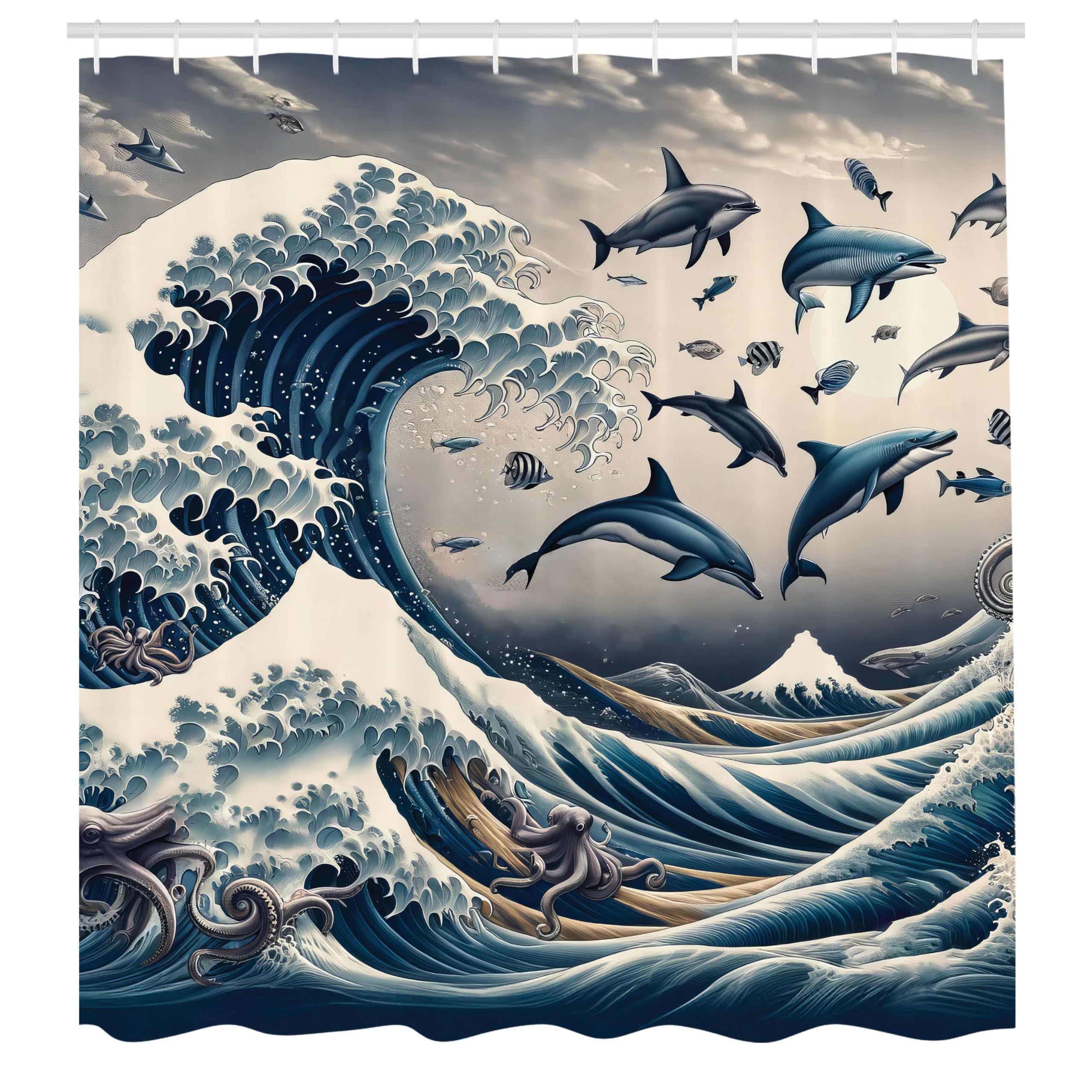 Abakuhaus Fish Shower Curtain | Ukiyo-e Waves Waterproof Fabric – 175x200cm