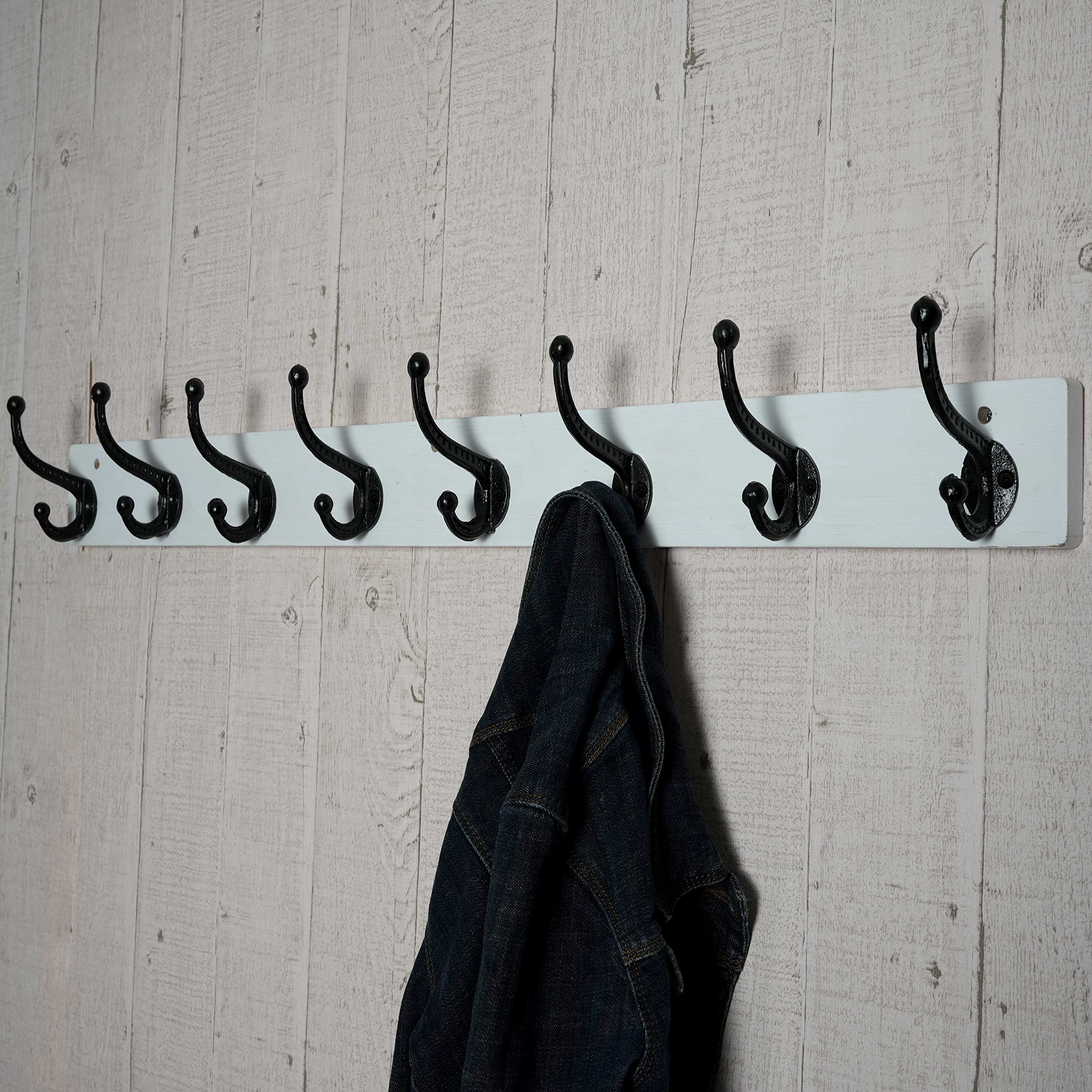 WEBI Rustic Wall Mount Coat Rack | 8 Cast Iron Hooks | Solid Wood, 2 Pack
