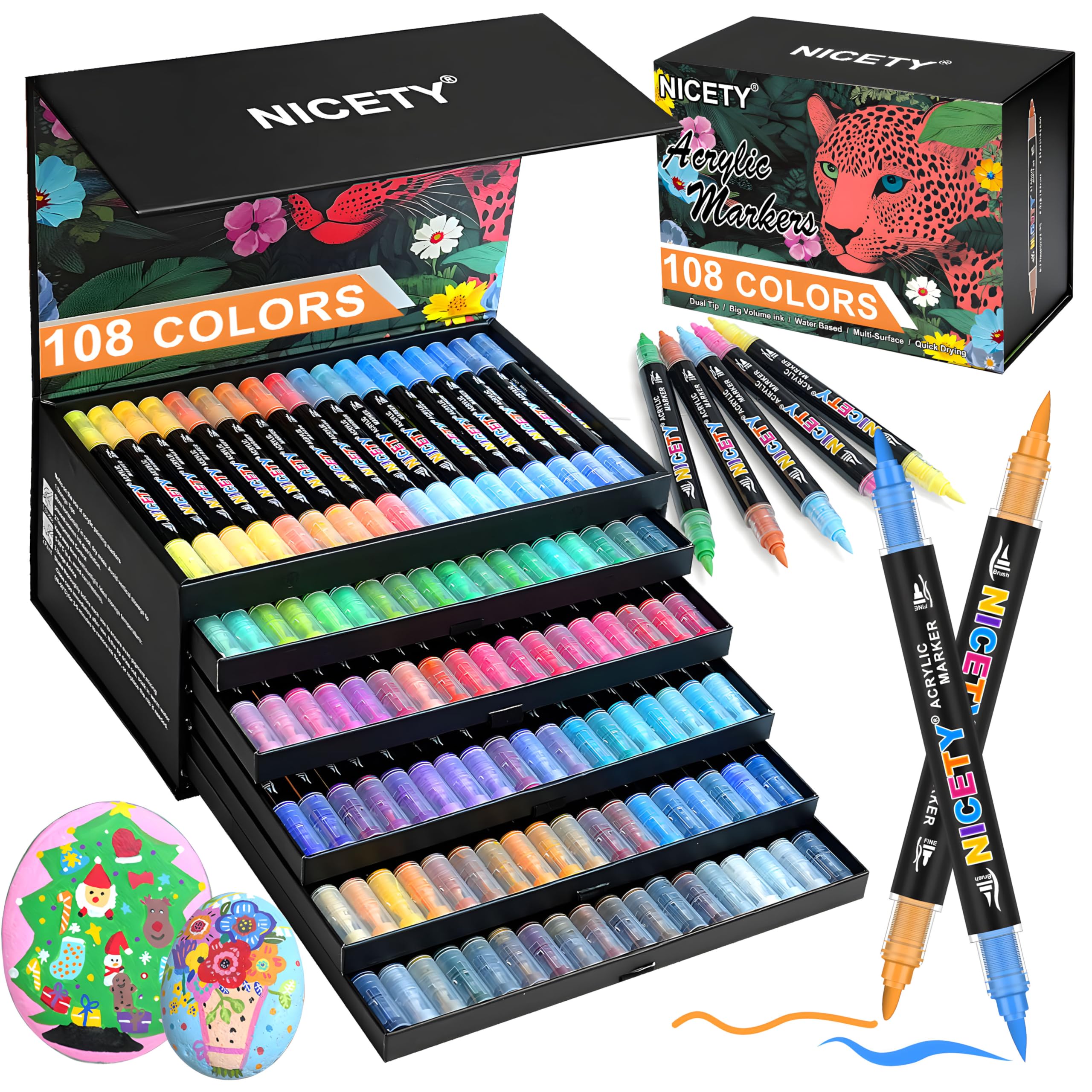 Nicety 108 Colors Acrylic Paint Pens – Dual Tip Brush & Fine Markers
