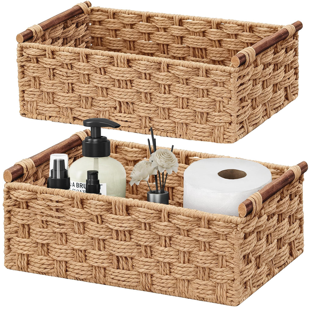 Vagusicc Wicker Storage Basket with Handle, Set of 2 Handwoven Paper Rope Storage Basket for Shelves - image 1