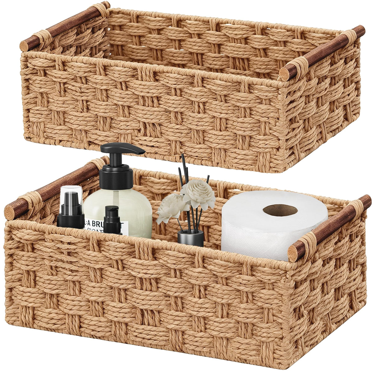 Vagusicc Wicker Storage Basket with Handle, Set of 2 Handwoven Paper Rope Storage Basket for Shelves - image 1