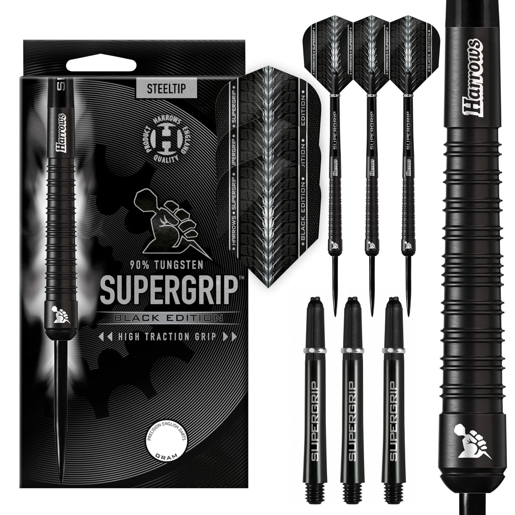 Harrows Supergrip Black Edition 90% Tungsten Steel Tip Darts Set