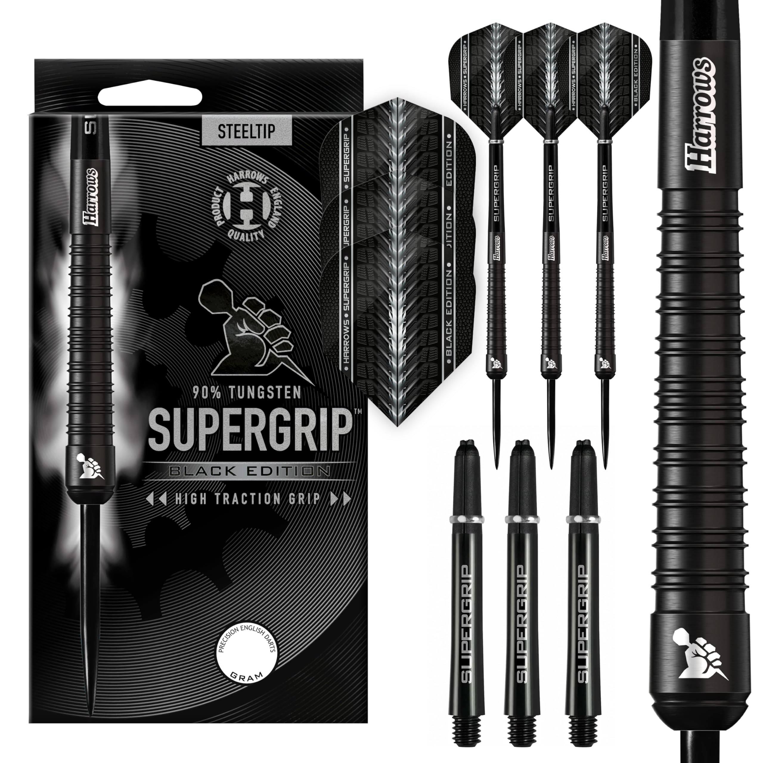Harrows Supergrip Black Edition 90% Tungsten Steel Tip Darts Set