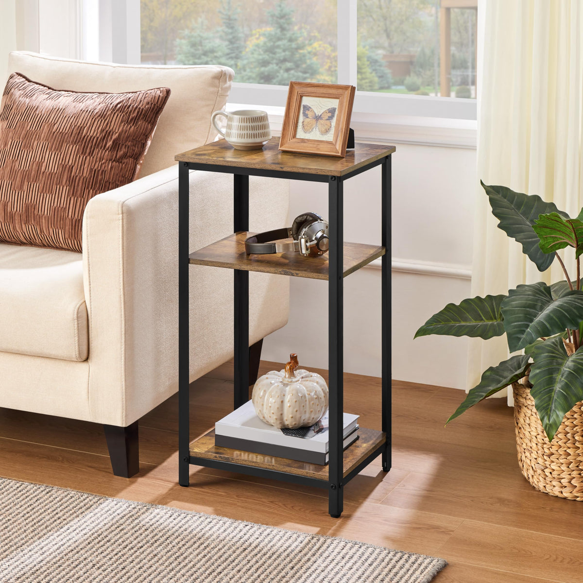 Yaheetech Tall 3-Tier Side Table, Steel Frame, Rustic Brown - image 2