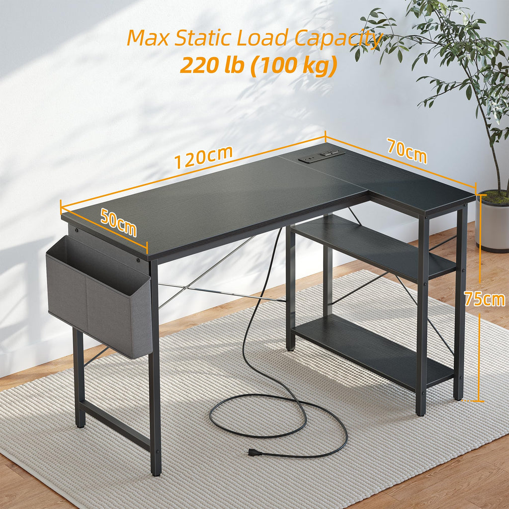 BEXEVUE L-Shaped Gaming Desk with Power Outlets & Shelves - 120cm Black