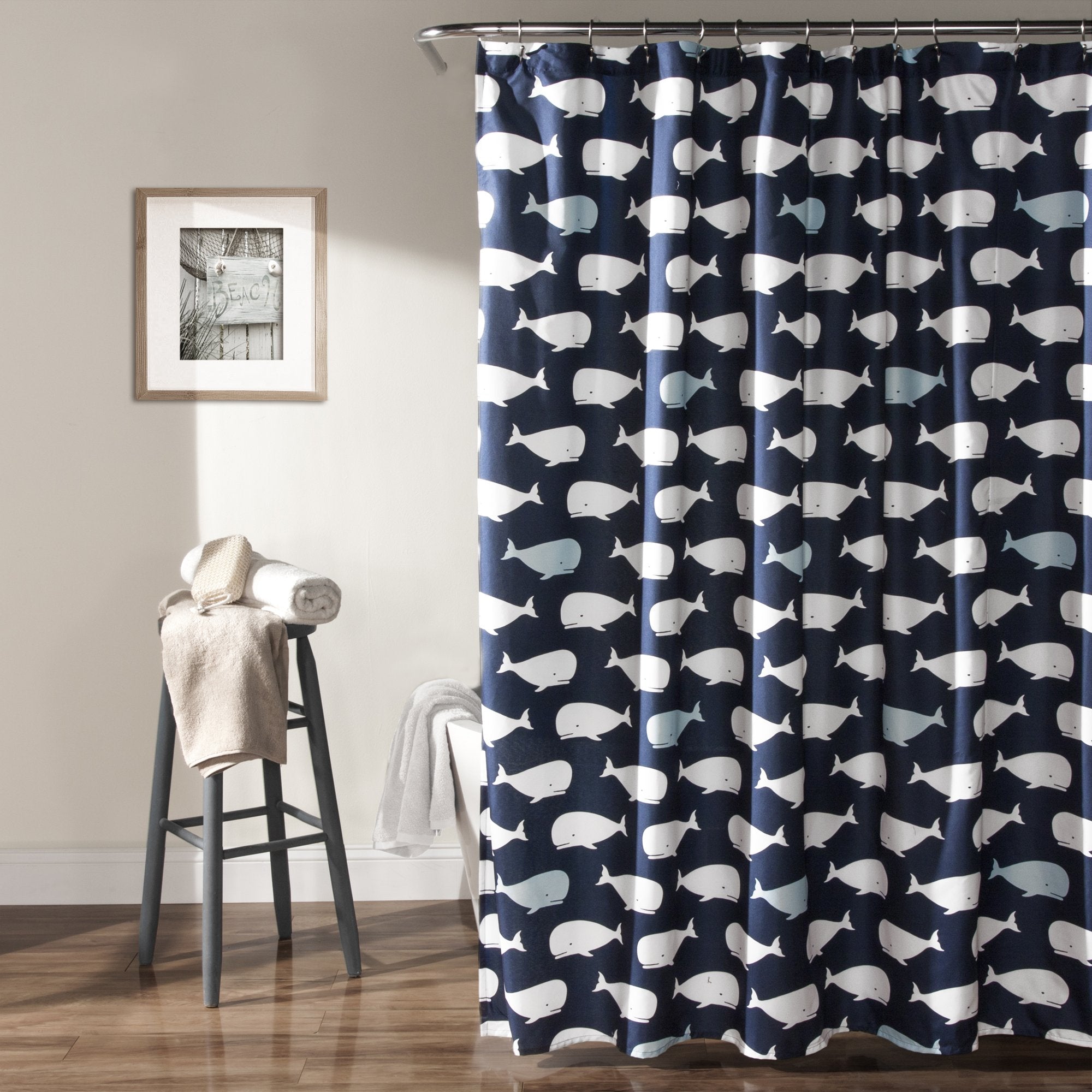 Lush Decor Whale Shower Curtain | Navy Blue Fabric Ocean Print, 72x72