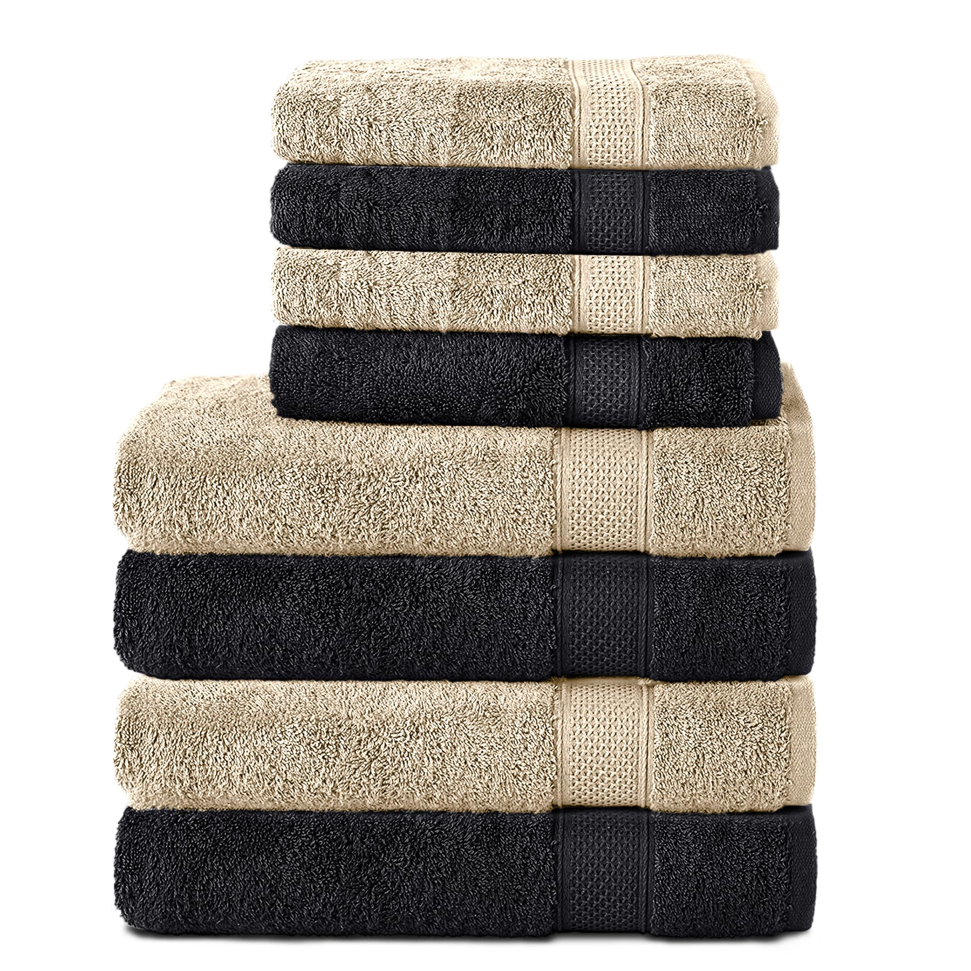 Komfortec 8-Piece Cotton Towel Set | 4 Bath & 4 Hand Towels | Black/Beige