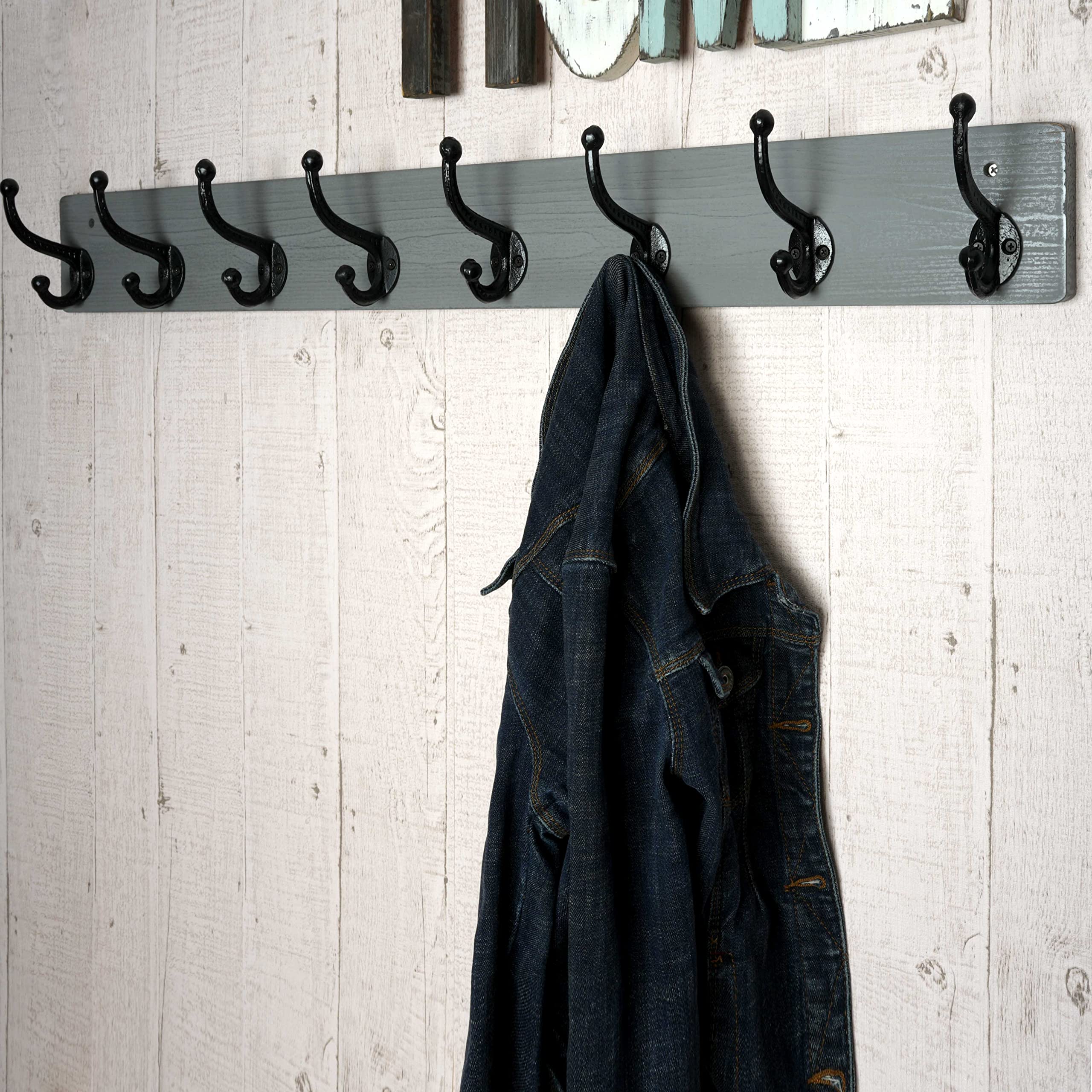 WEBI Rustic Wall Mount Coat Rack – 8 Cast Iron Hooks, Solid Wood, Grey