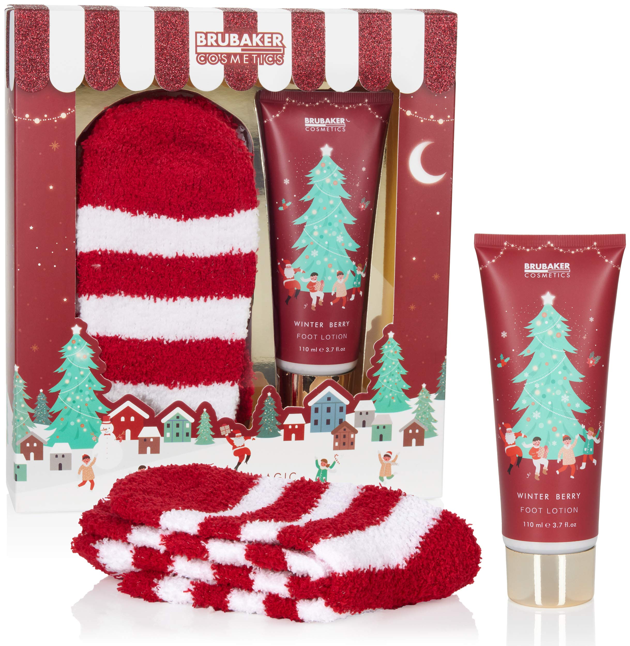 BRUBAKER Winter Berry Foot Care Gift Set with Plush Socks and Lotion