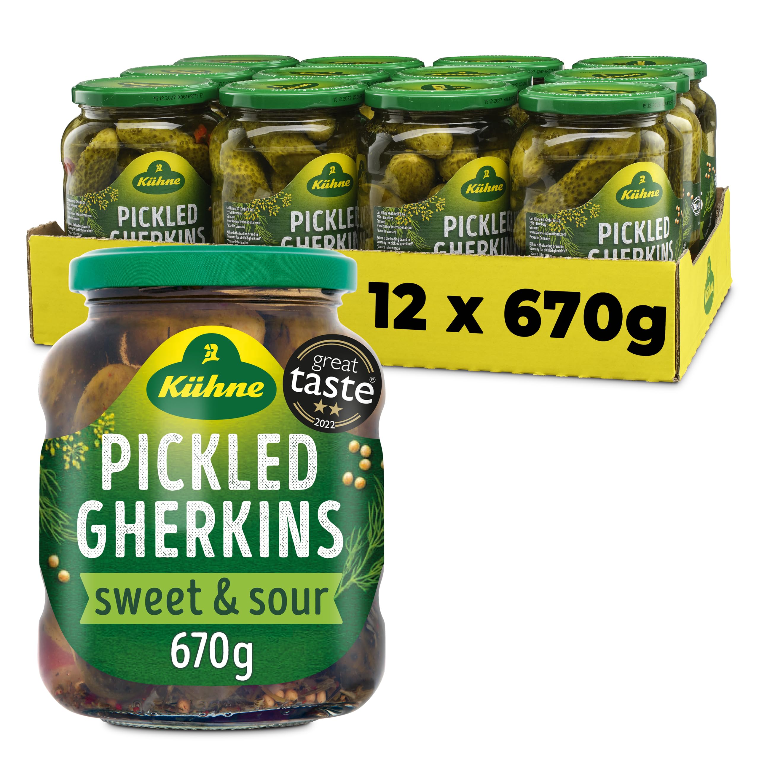 Kuhne Gherkins - Pickled Dill Cucumbers - 670g Jar (Pack of 12)