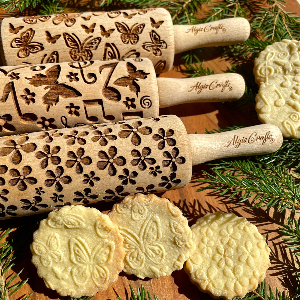 Algis Crafts Kids Embossed Rolling Pin Set – 3 Piece Beech Wood Tools