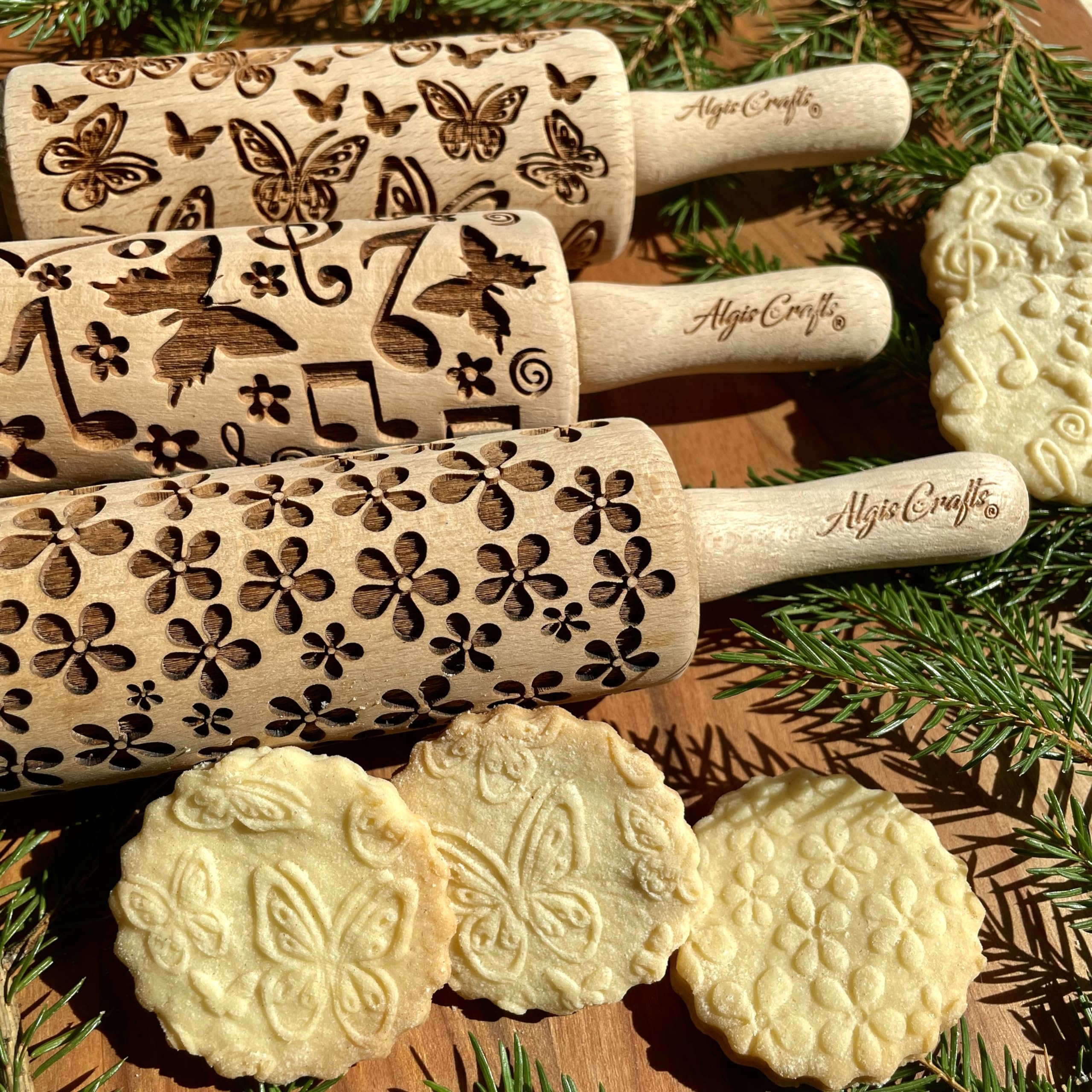 Algis Crafts Kids Embossed Rolling Pin Set – 3 Piece Beech Wood Tools