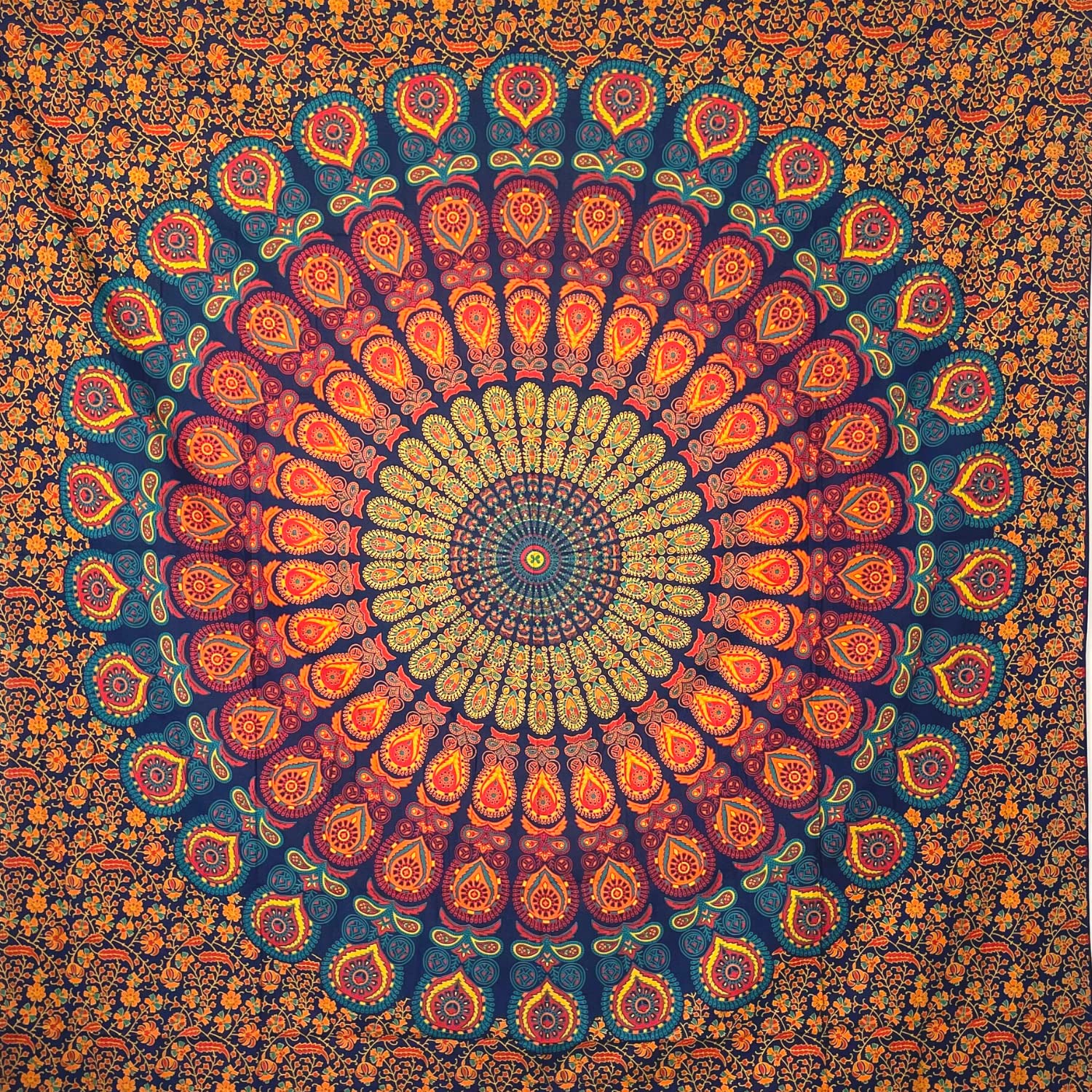 MOMOMUS Mandala Wall Hanging – 100% Cotton Indian Tapestry, Blue and Yellow