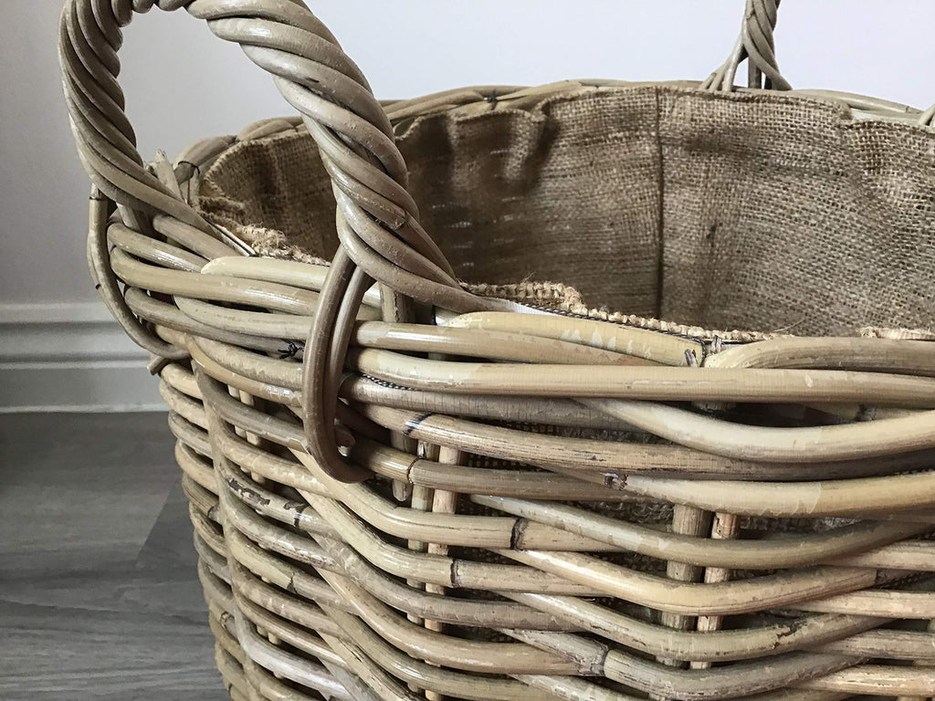 Large Round Kuba Rattan Log Basket | Hessian Lined Storage