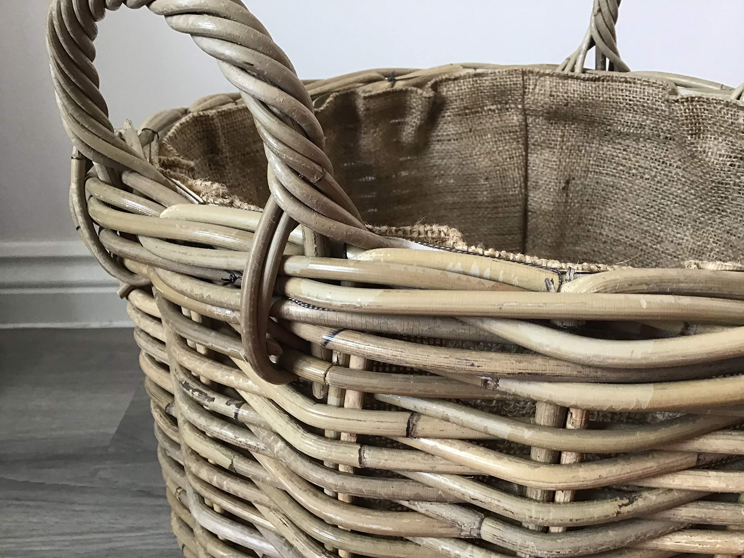 Large Round Kuba Rattan Log Basket | Hessian Lined Storage