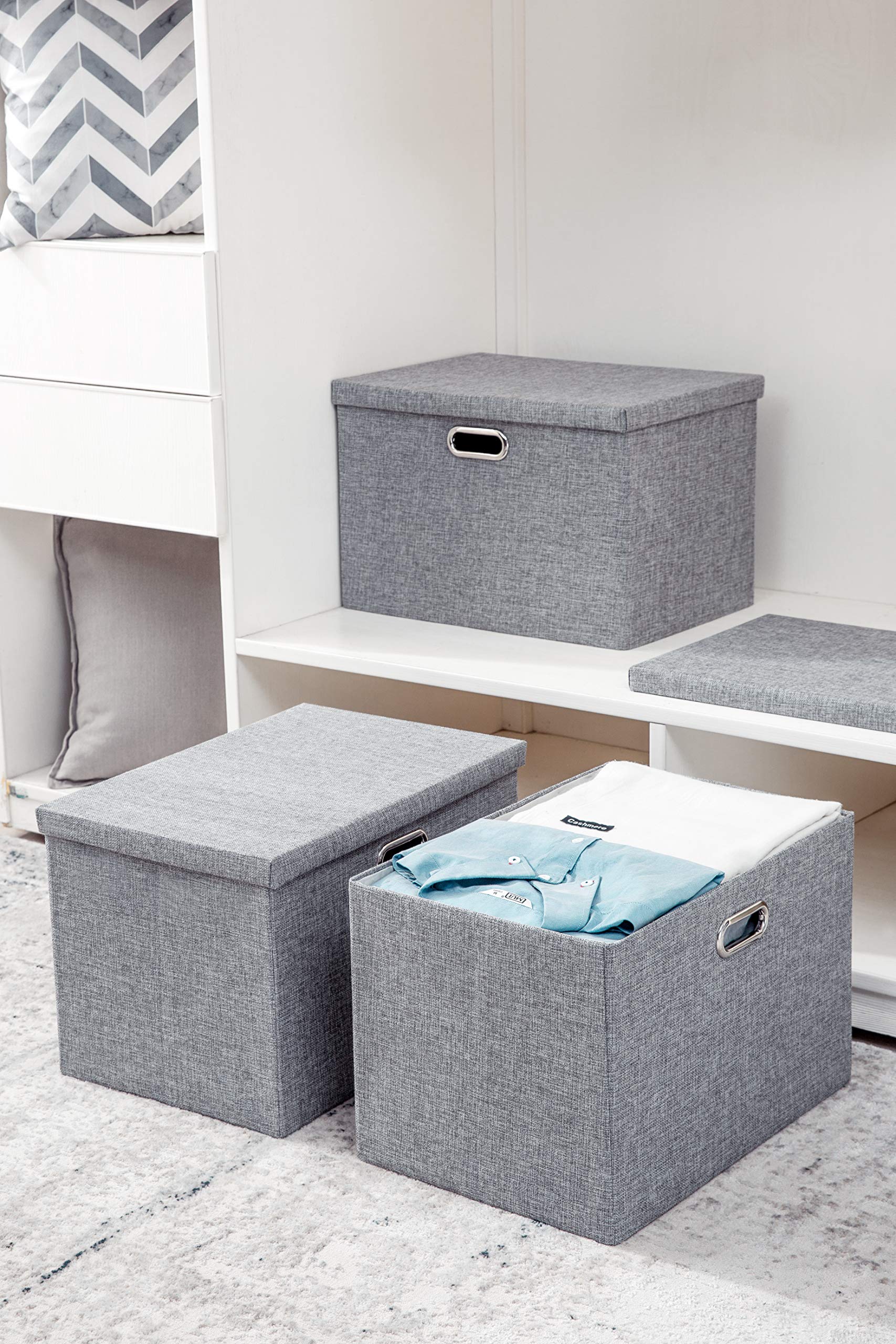 AlphaHome Collapsible Storage Boxes with Lids – 3 Pack Linen Baskets