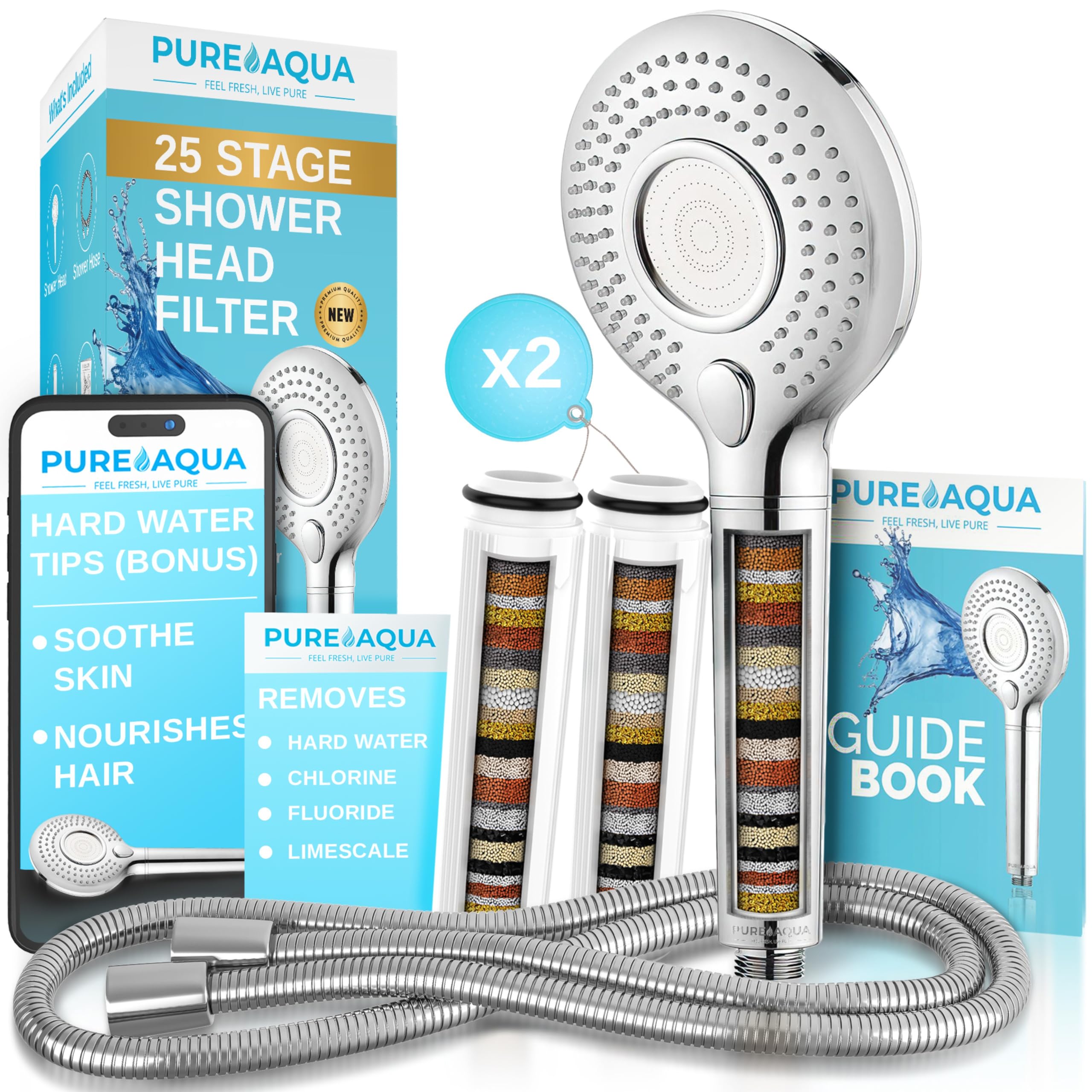 PUREAQUA 25 Stage Shower Head Filter for Hard Water | 3 Spray Settings