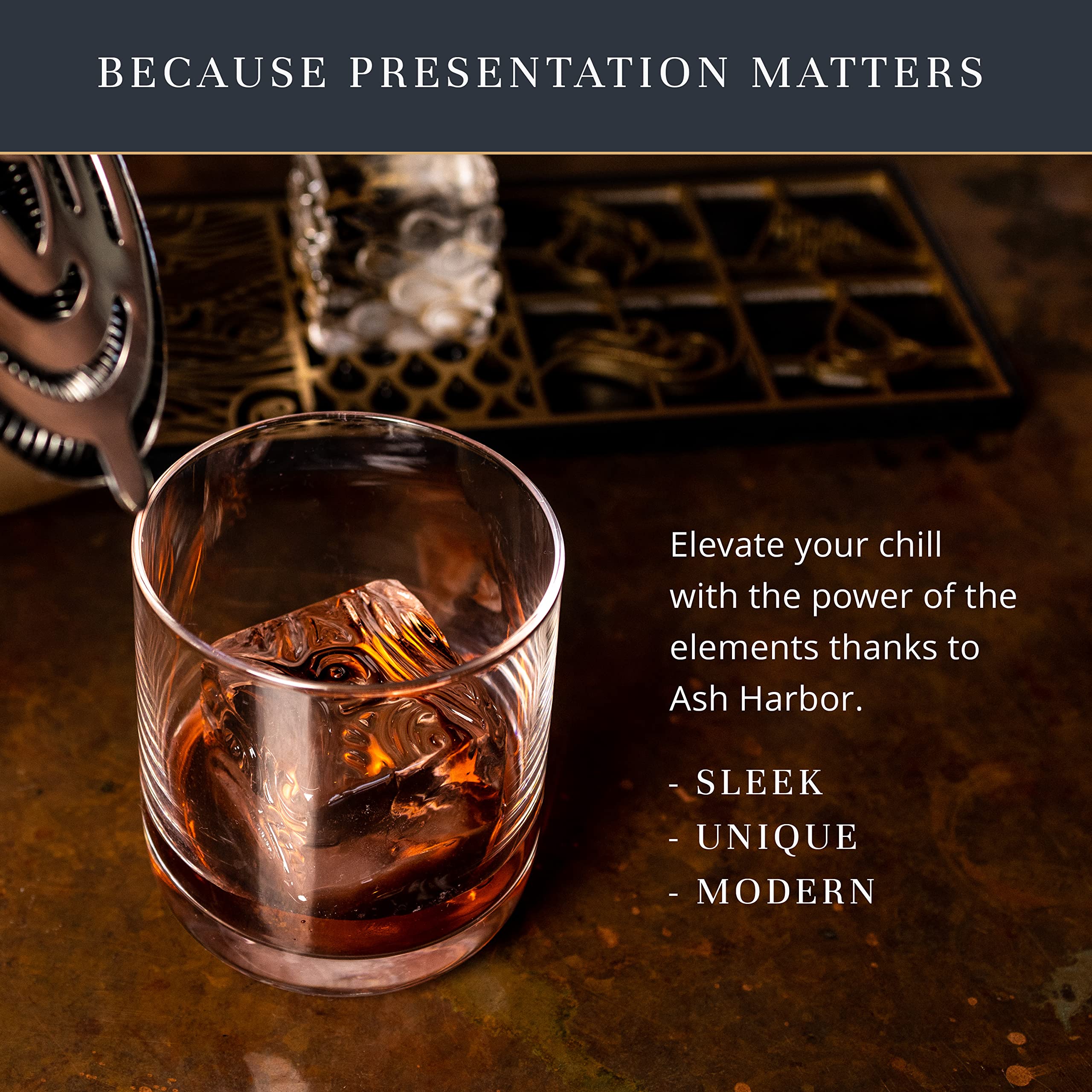Ash Harbor Ice Designer Tray – Aluminum Whiskey Ice Cube Stamp Mold